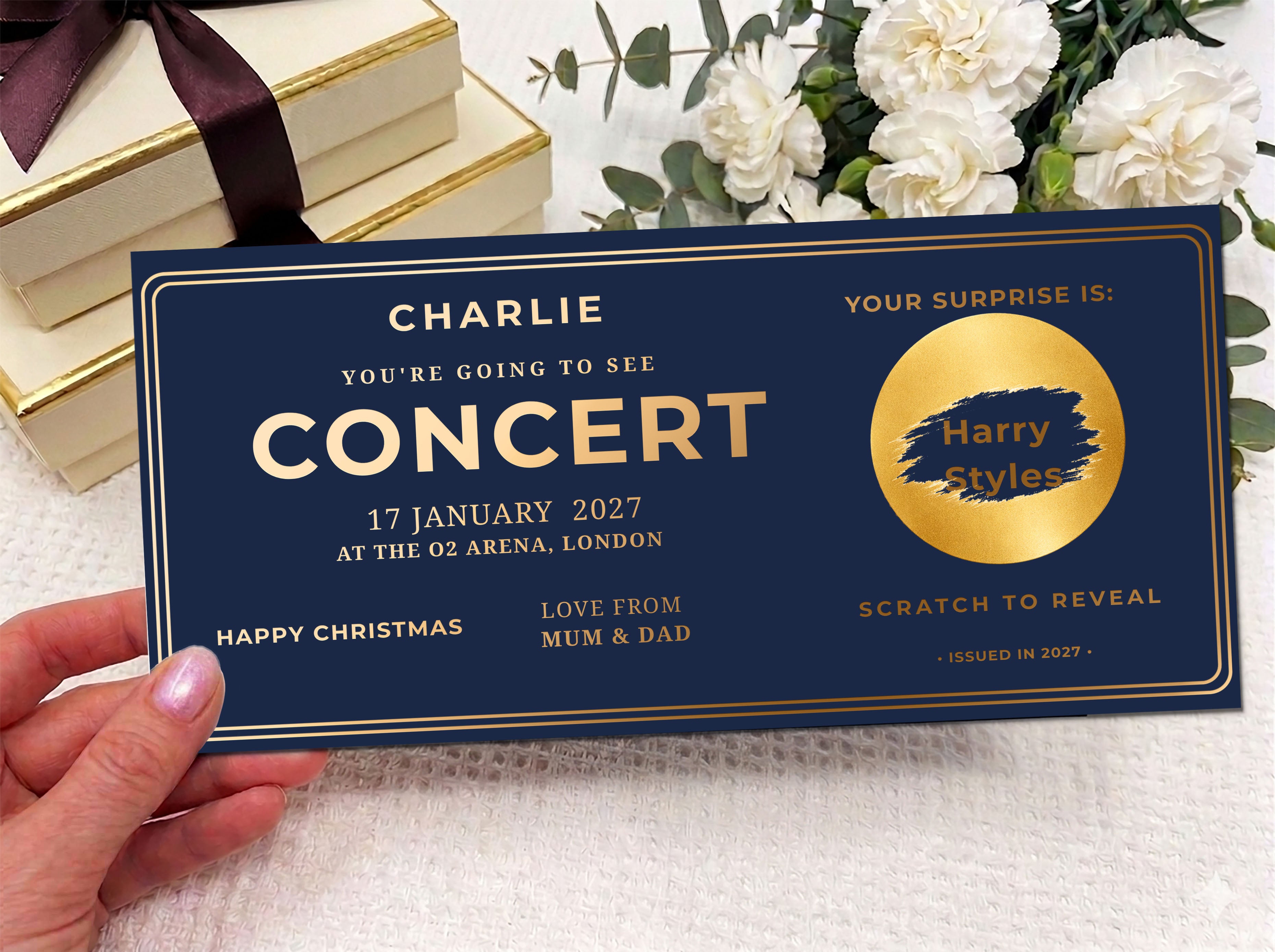 Personalised Gold Classic Concert Ticket Scratch Reveal Card