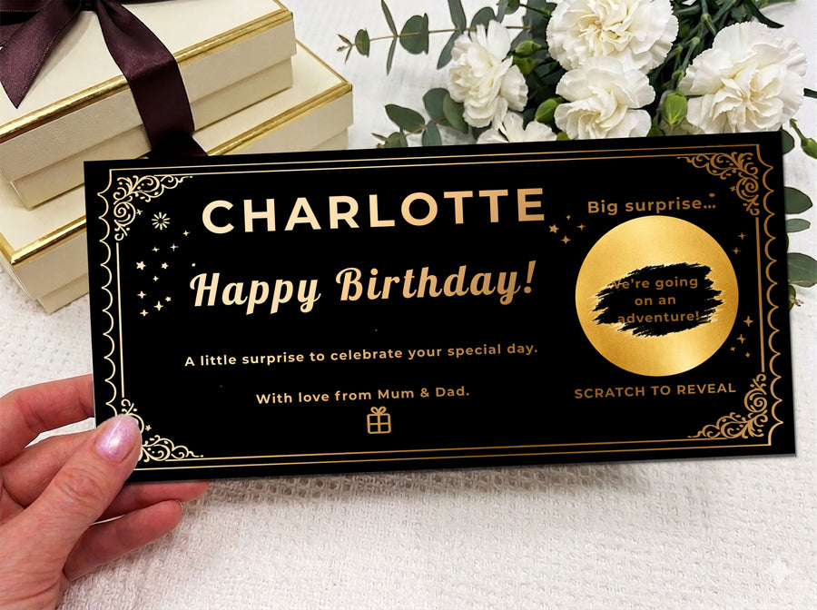 Personalised Gold Vintage Ornate Birthday Scratch Reveal Ticket