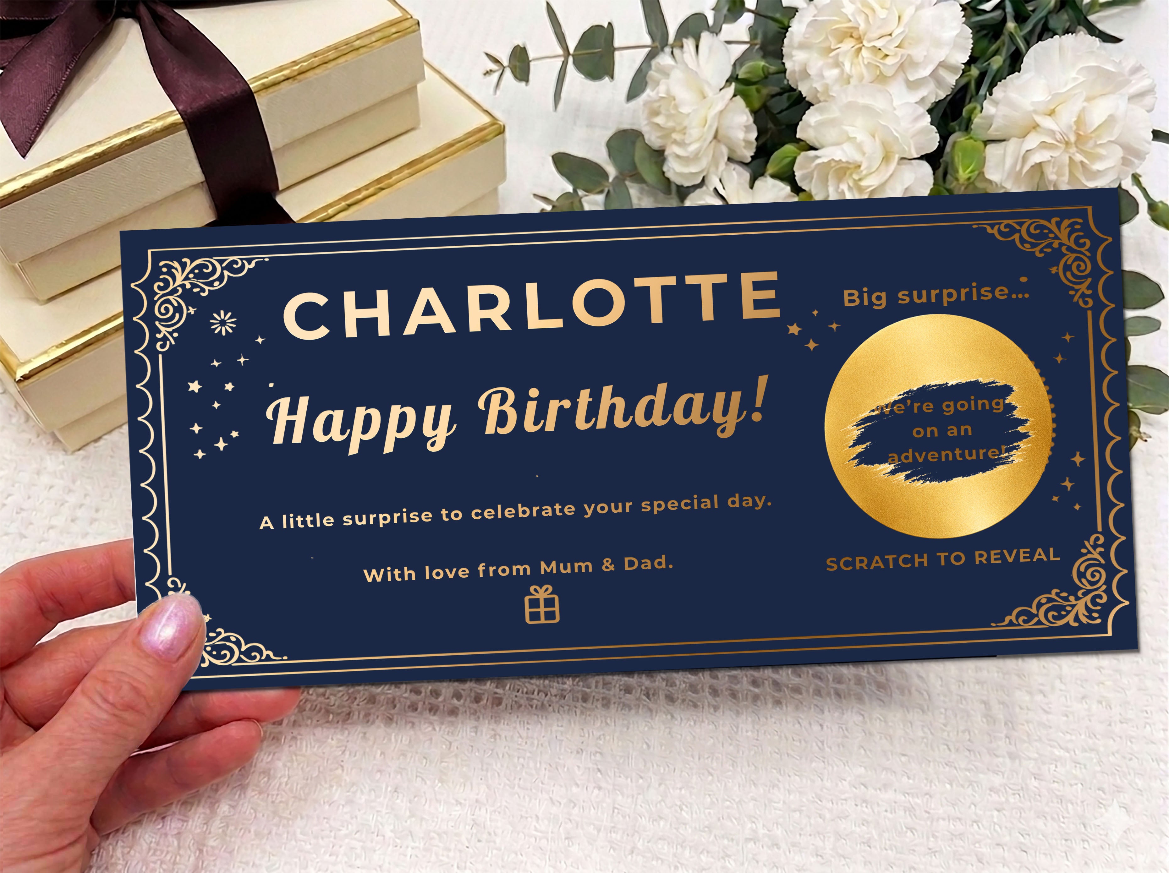 Personalised Gold Vintage Ornate Birthday Scratch Reveal Ticket