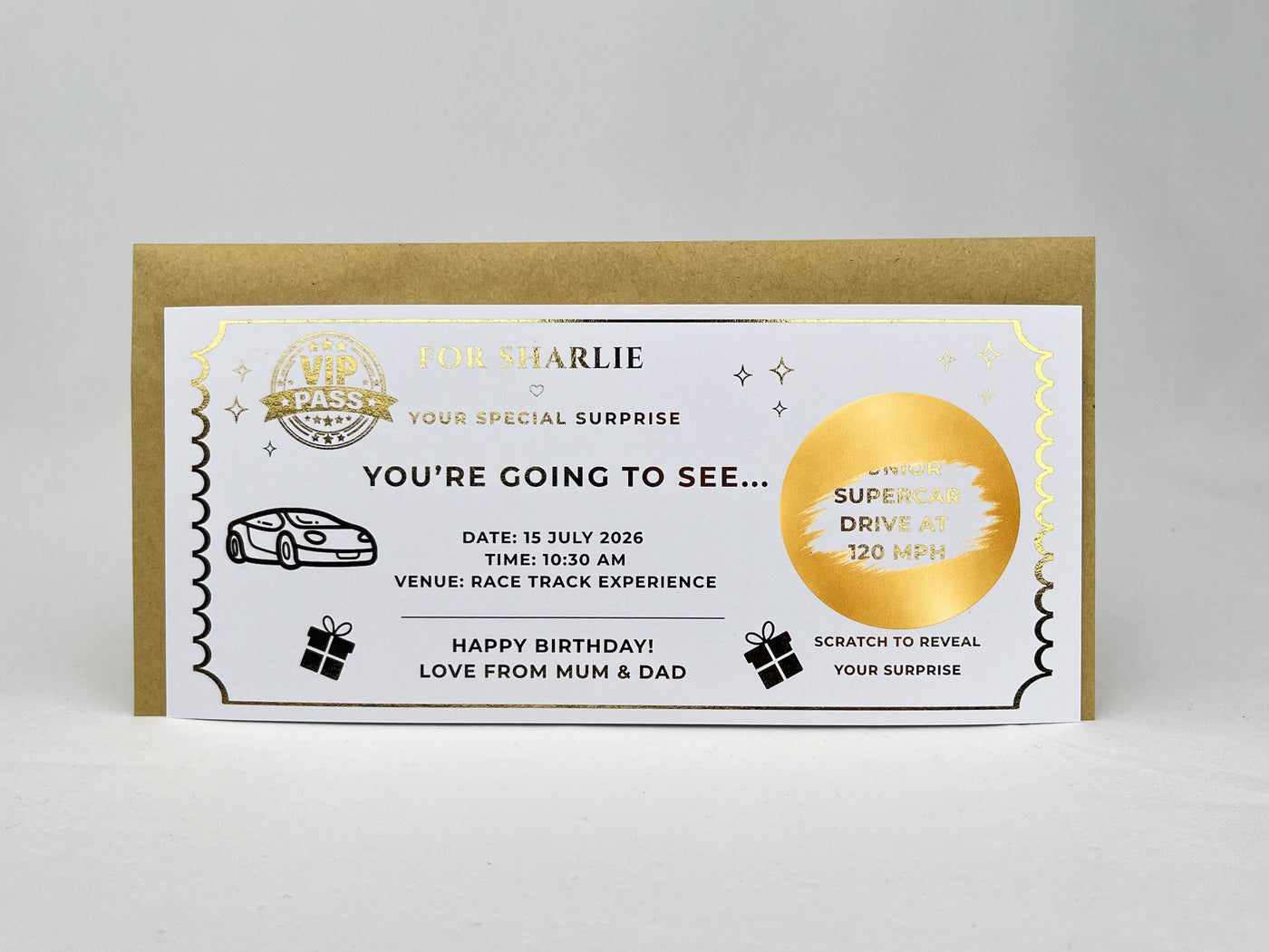 Personalised Gold Supercar Driving Experience Scratch Reveal Ticket