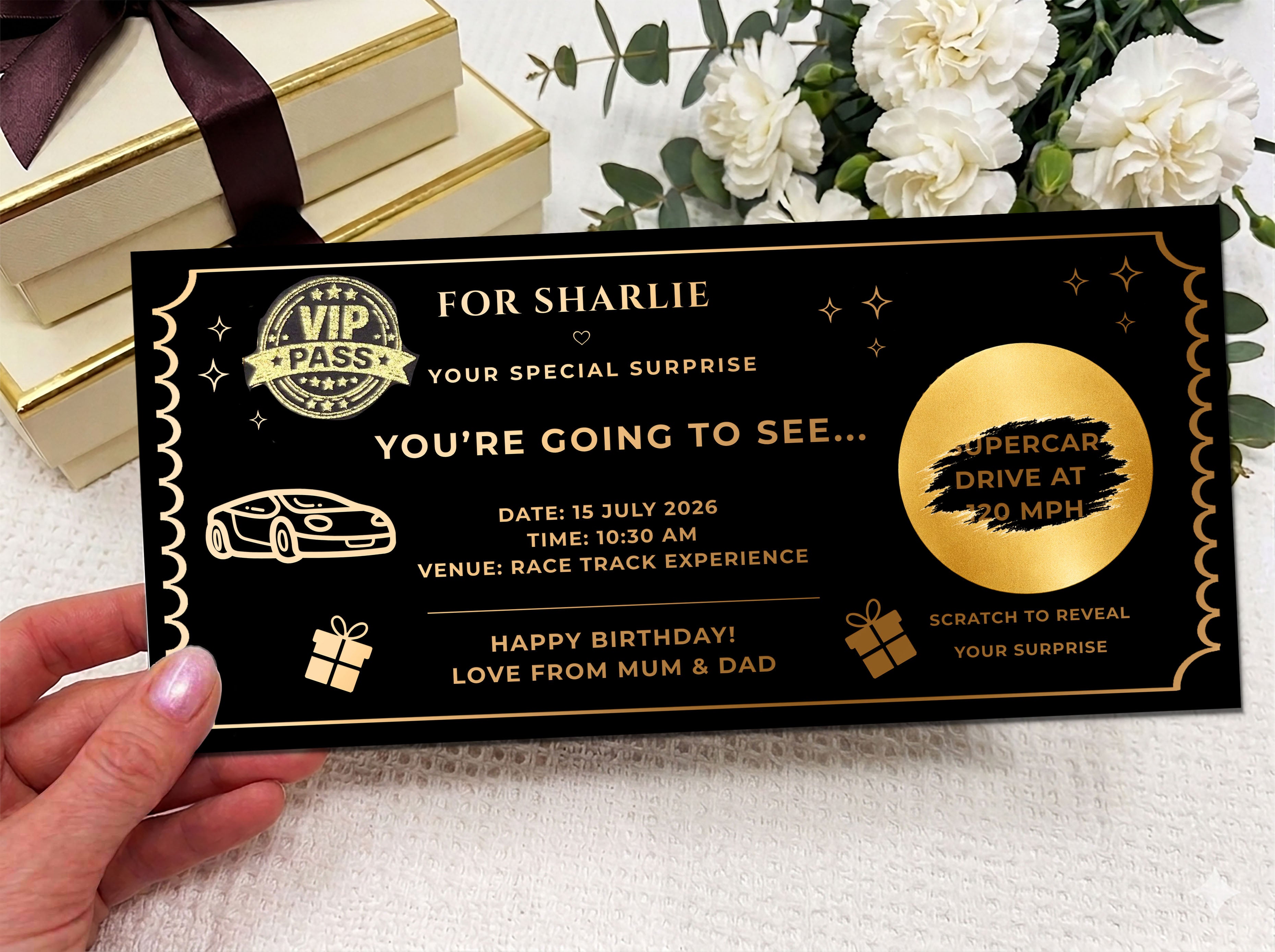 Personalised Gold Supercar Driving Experience Scratch Reveal Ticket