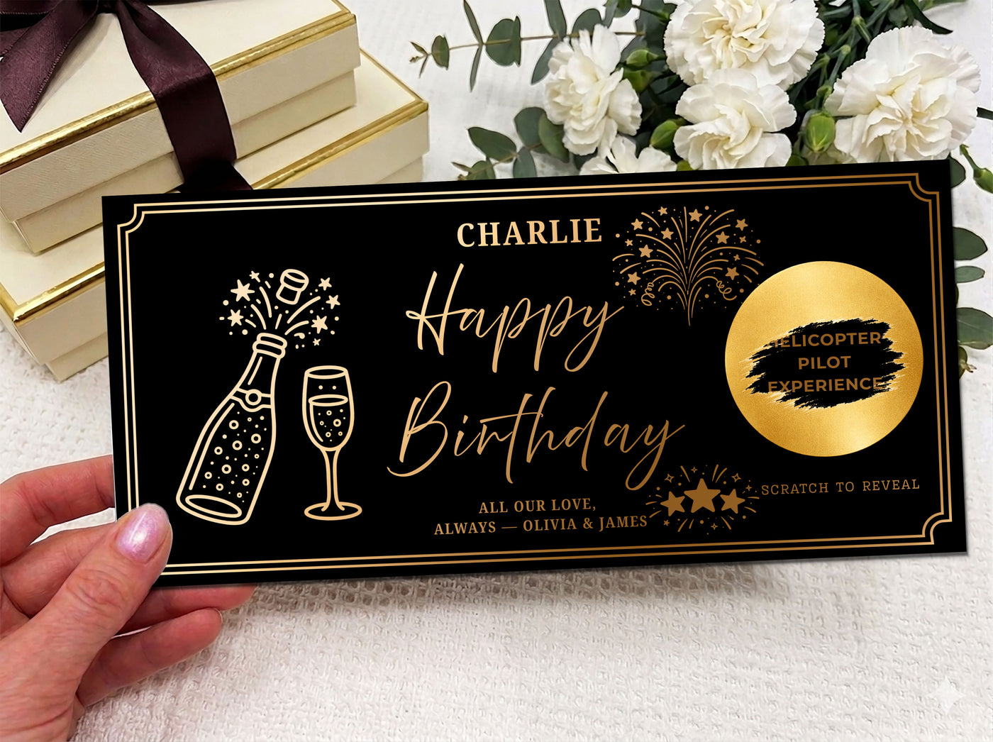 Personalised Gold Champagne Celebration Birthday Scratch Reveal Ticket