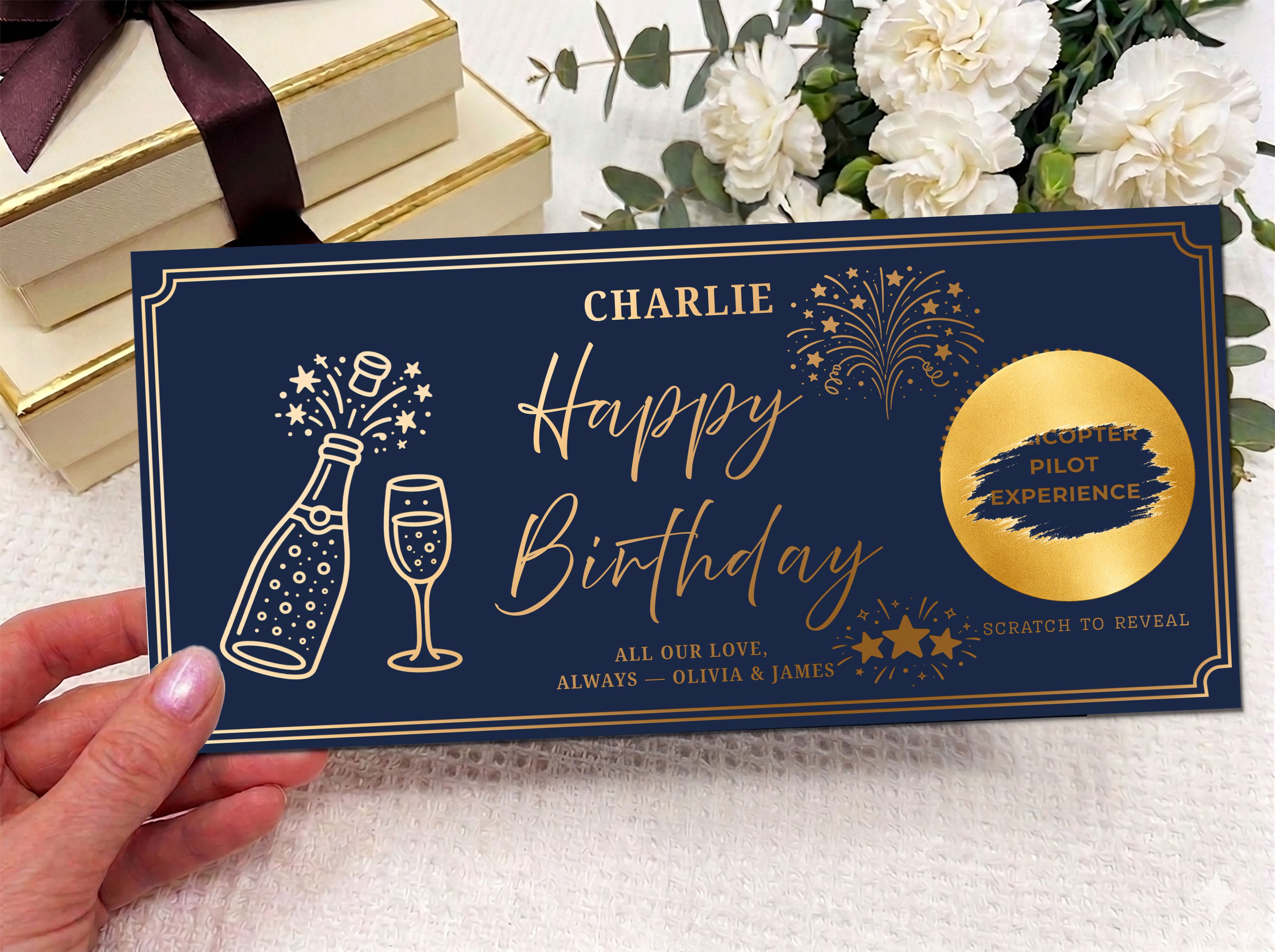 Personalised Gold Champagne Celebration Birthday Scratch Reveal Ticket