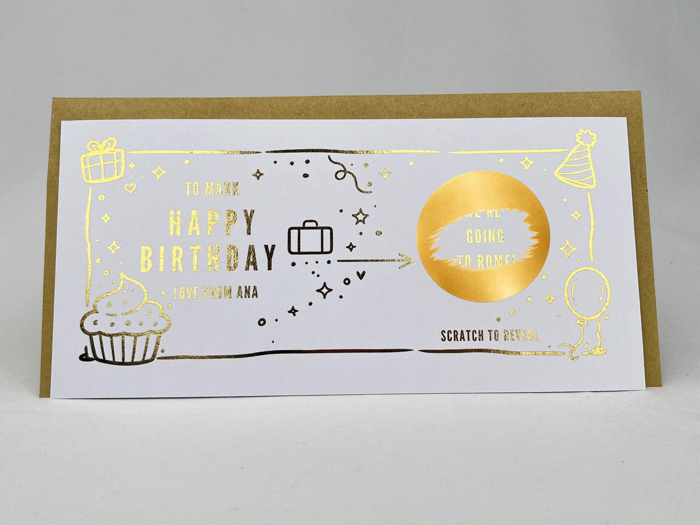 Birthday and Anniversary Scratch Off Card, Travel Surprise Voucher with Gifts and Balloons