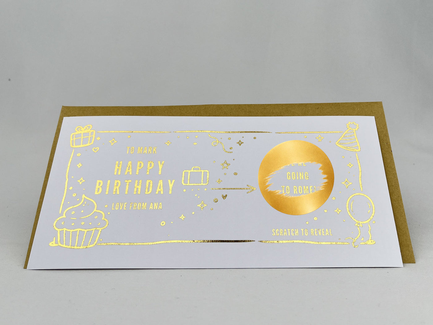 Birthday and Anniversary Scratch Off Card, Travel Surprise Voucher with Gifts and Balloons