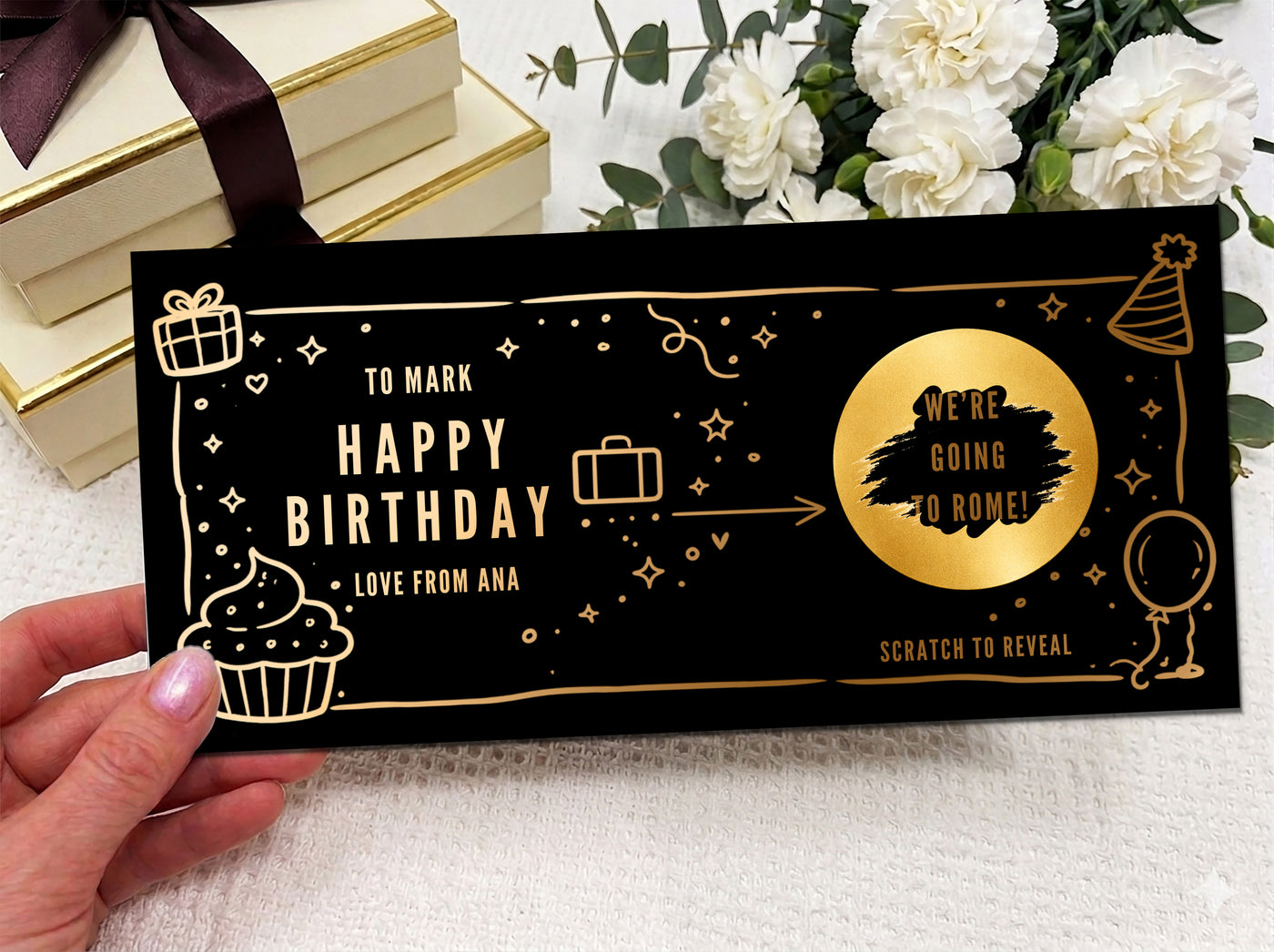 Birthday and Anniversary Scratch Off Card, Travel Surprise Voucher with Gifts and Balloons