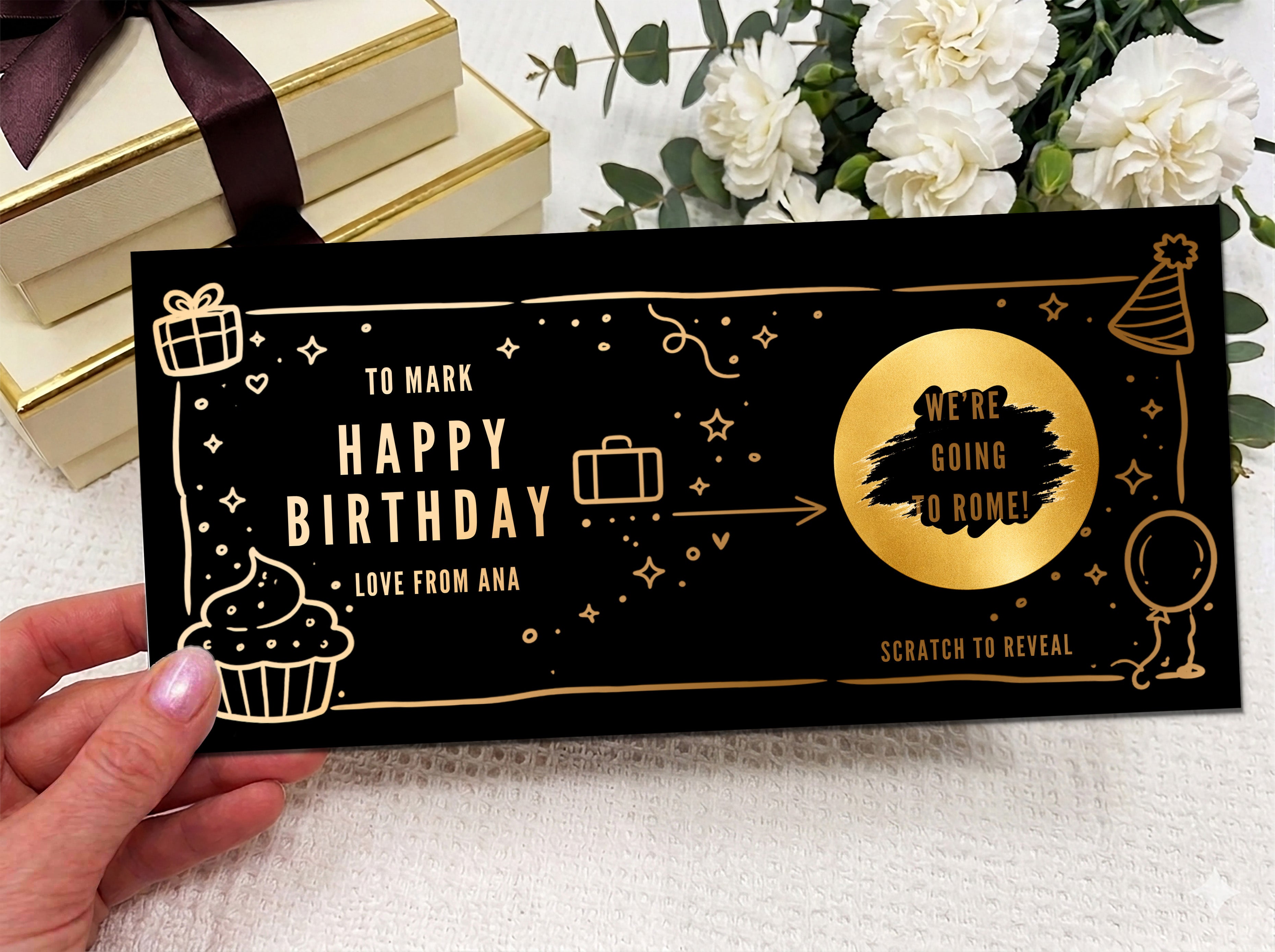 Birthday and Anniversary Scratch Off Card, Travel Surprise Voucher with Gifts and Balloons