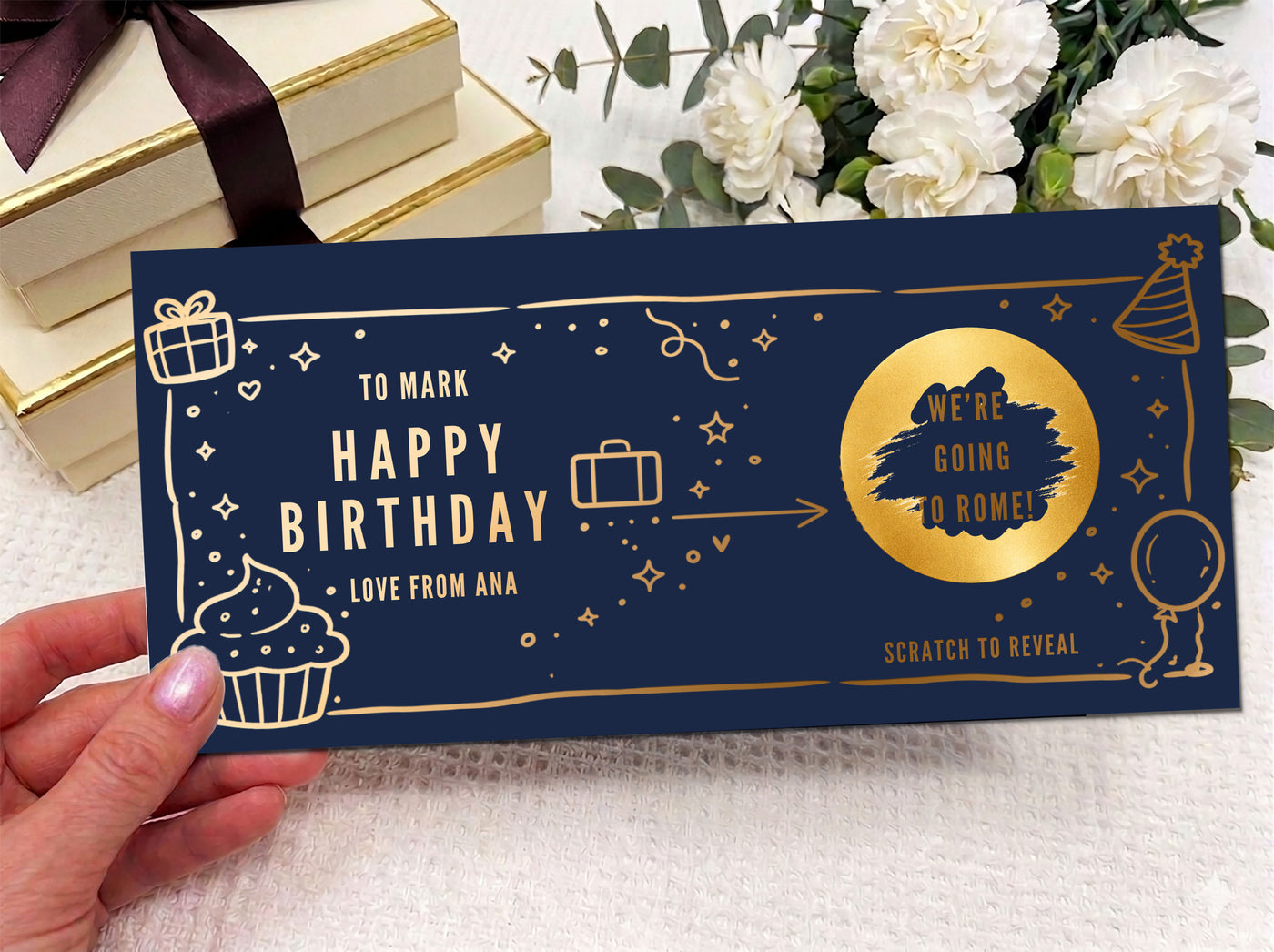 Birthday and Anniversary Scratch Off Card, Travel Surprise Voucher with Gifts and Balloons