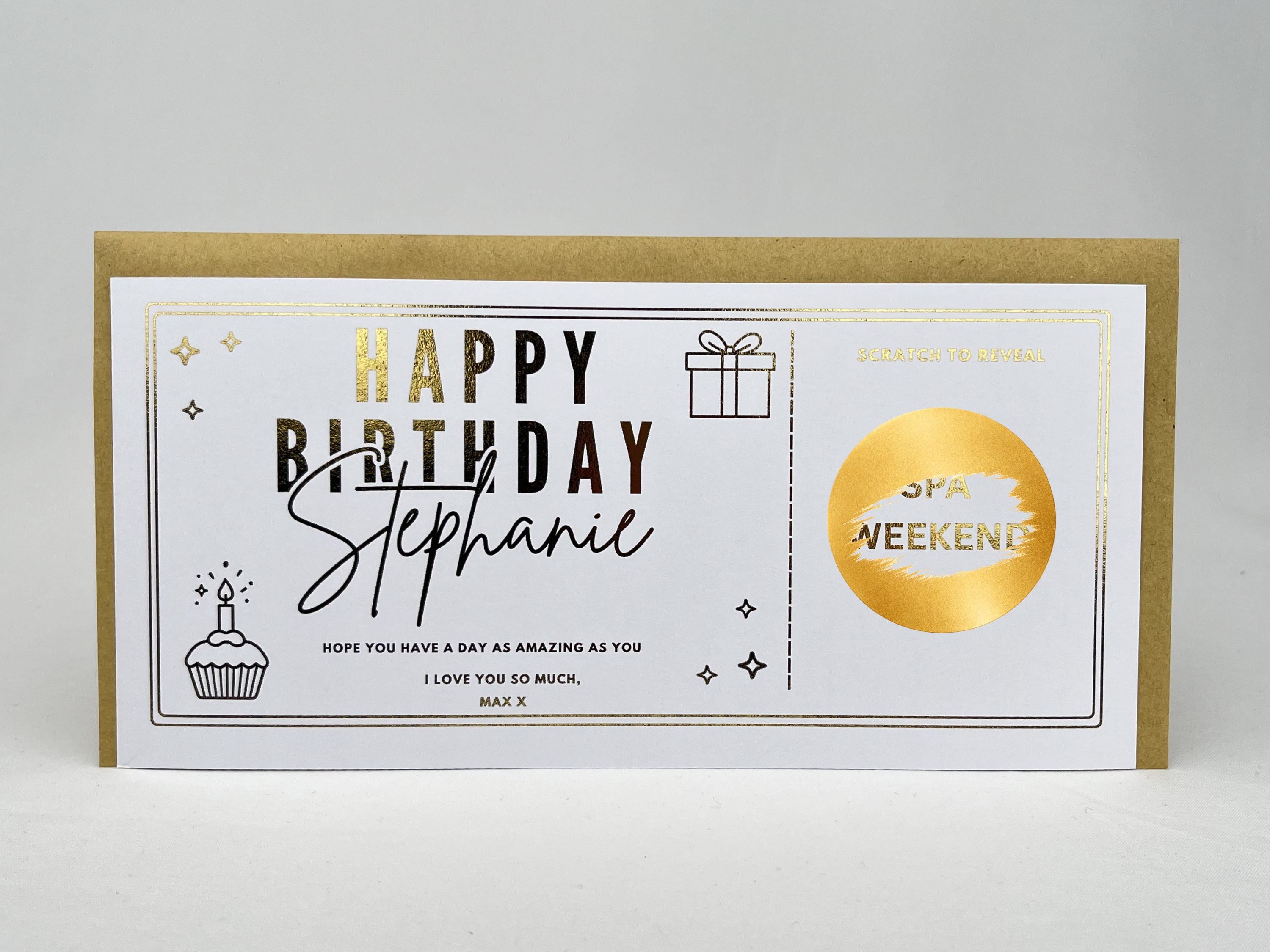 Birthday and Anniversary Scratch Off Card, Elegant Personalised Voucher Gift with Cupcake and Gift Box