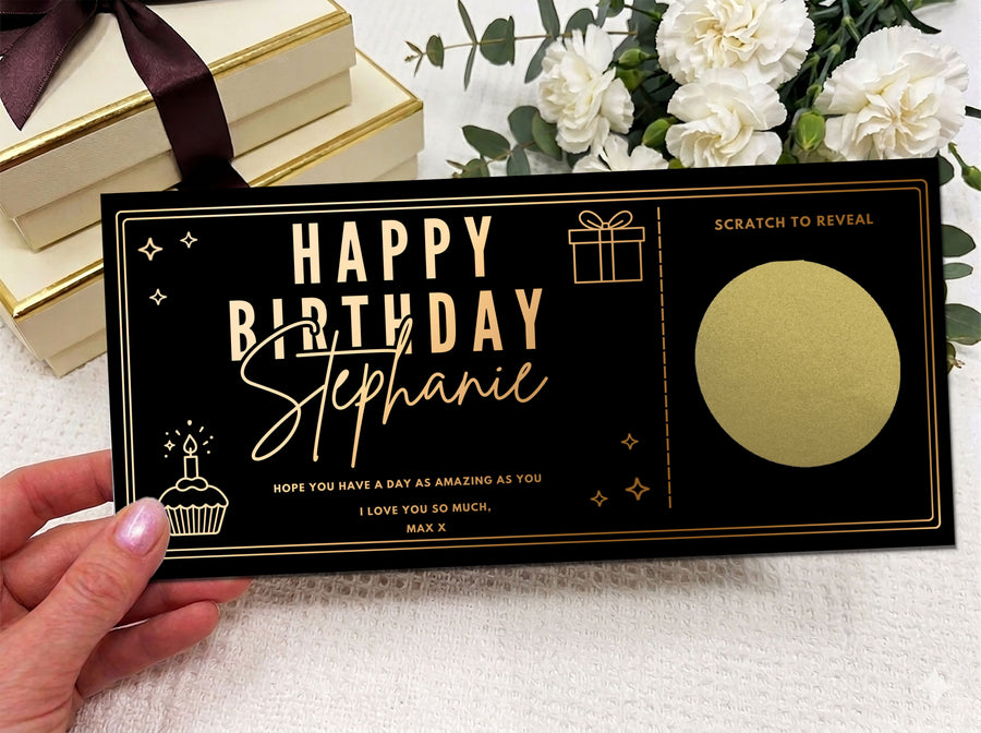Birthday and Anniversary Scratch Off Card, Elegant Personalised Voucher Gift with Cupcake and Gift Box