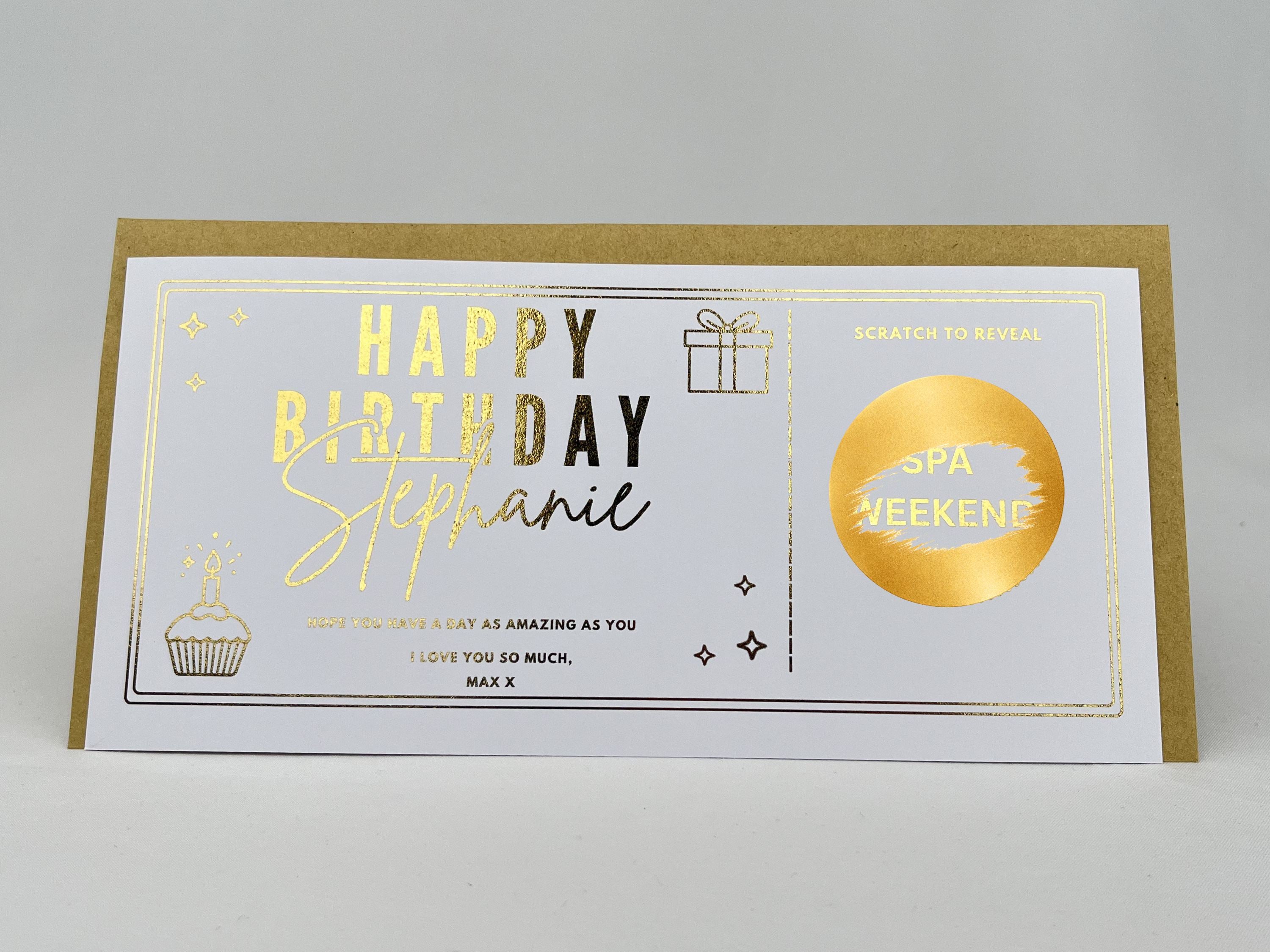 Birthday and Anniversary Scratch Off Card, Elegant Personalised Voucher Gift with Cupcake and Gift Box