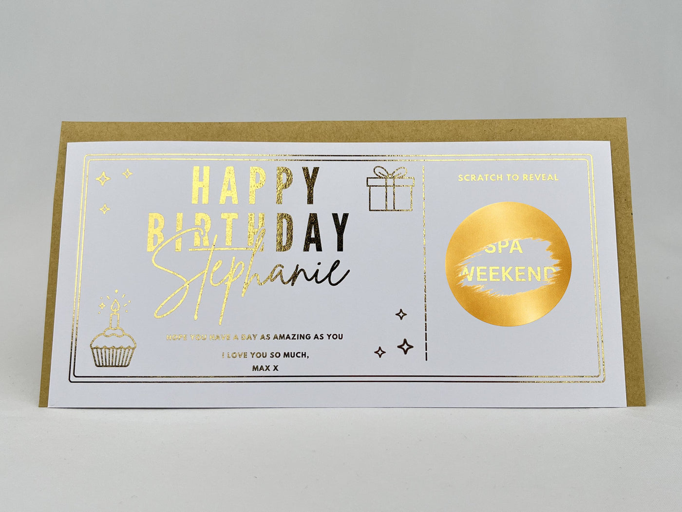 Birthday and Anniversary Scratch Off Card, Elegant Personalised Voucher Gift with Cupcake and Gift Box