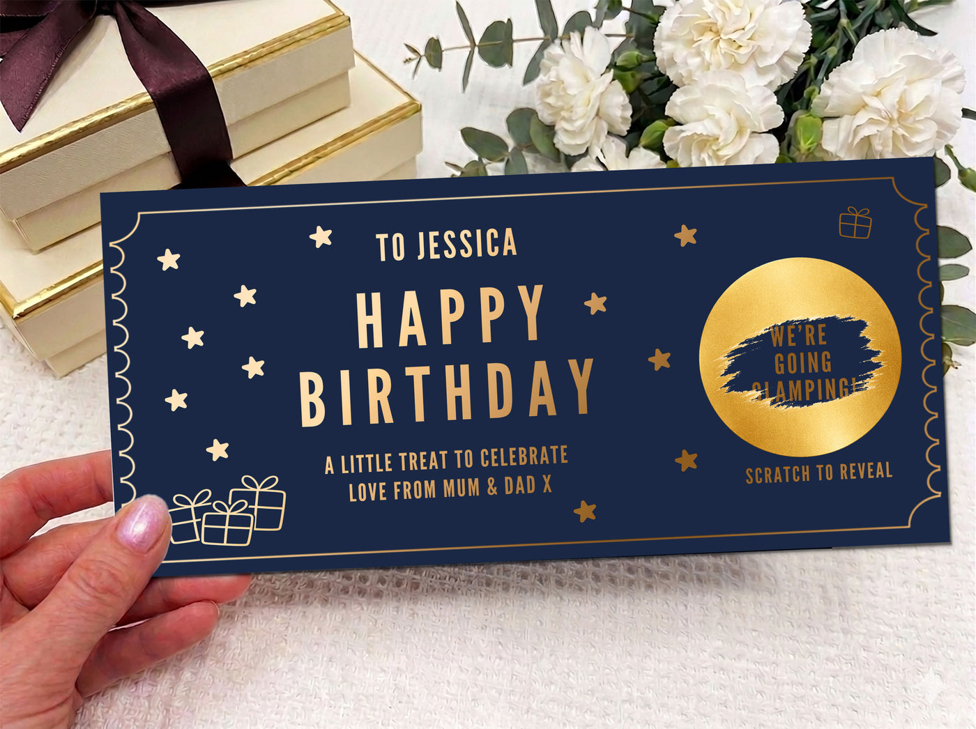 Golden Birthday Scratch Card Voucher, Personalised Surprise Gift Ticket