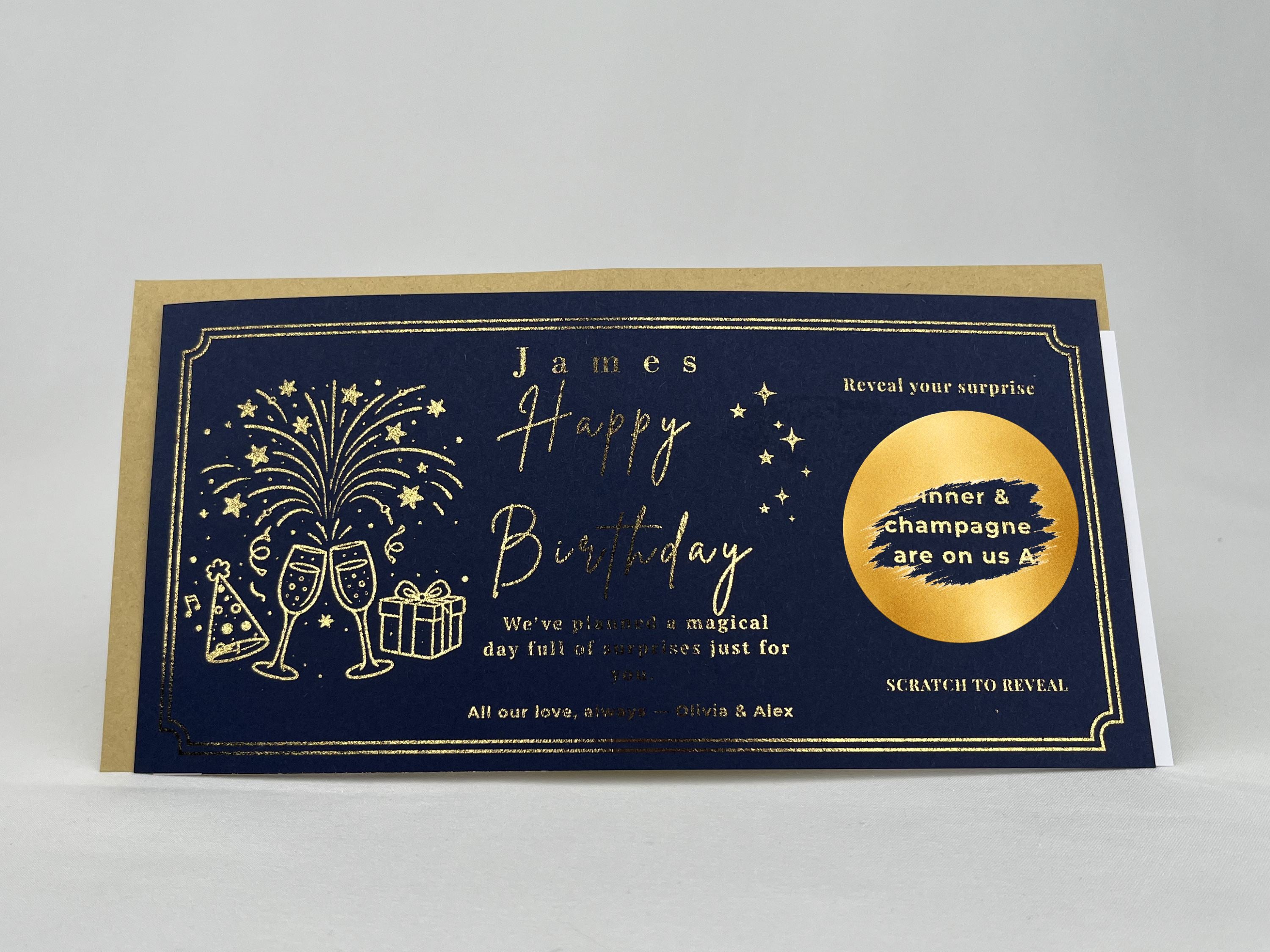 Birthday Scratch Off Card with Champagne, Personalised Surprise Voucher Gift