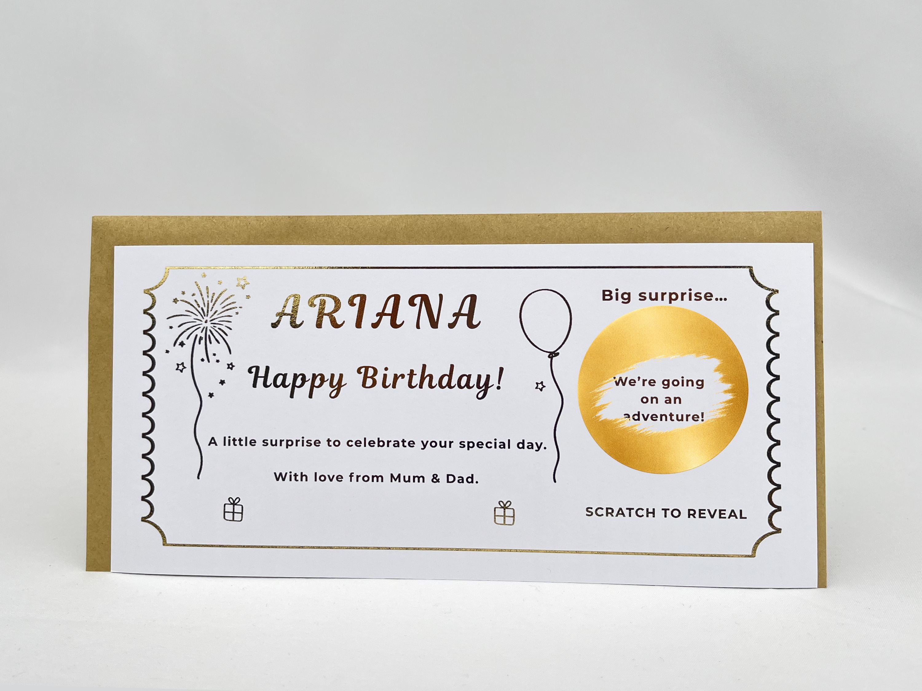 Personalised Birthday Scratch Off Card, Celebration Voucher Gift with Balloons and Fireworks