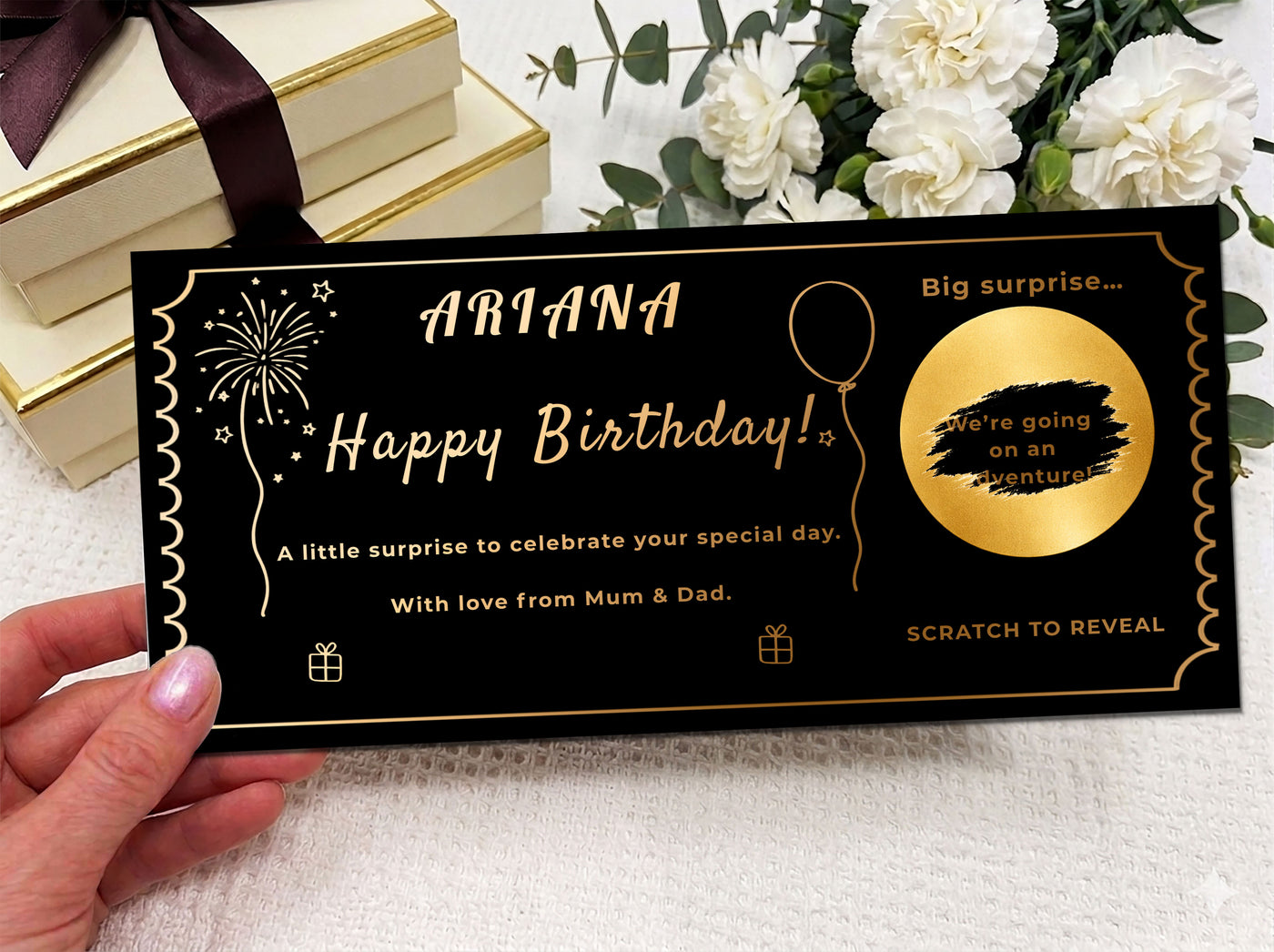 Personalised Birthday Scratch Off Card, Celebration Voucher Gift with Balloons and Fireworks