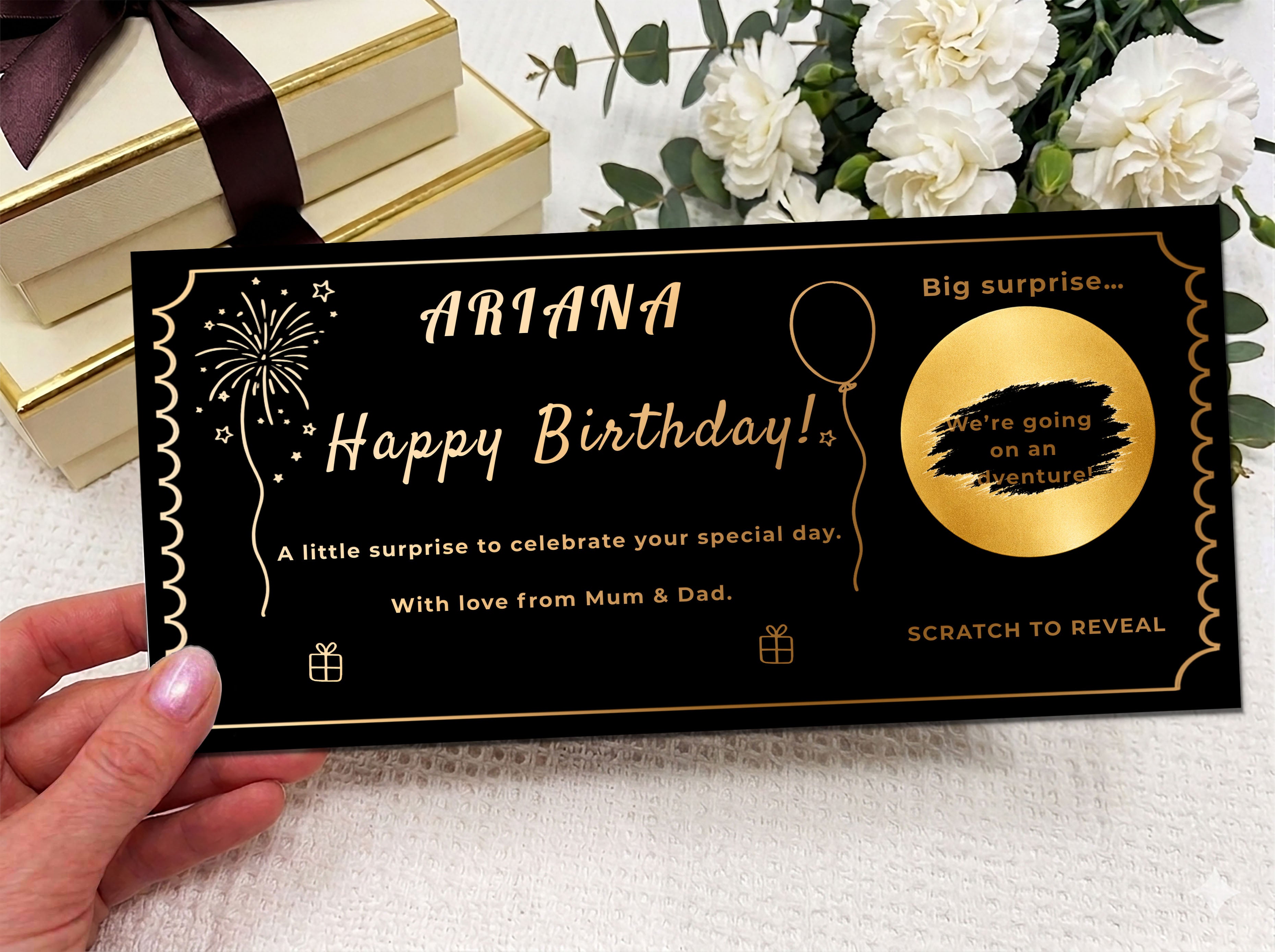 Personalised Birthday Scratch Off Card, Celebration Voucher Gift with Balloons and Fireworks