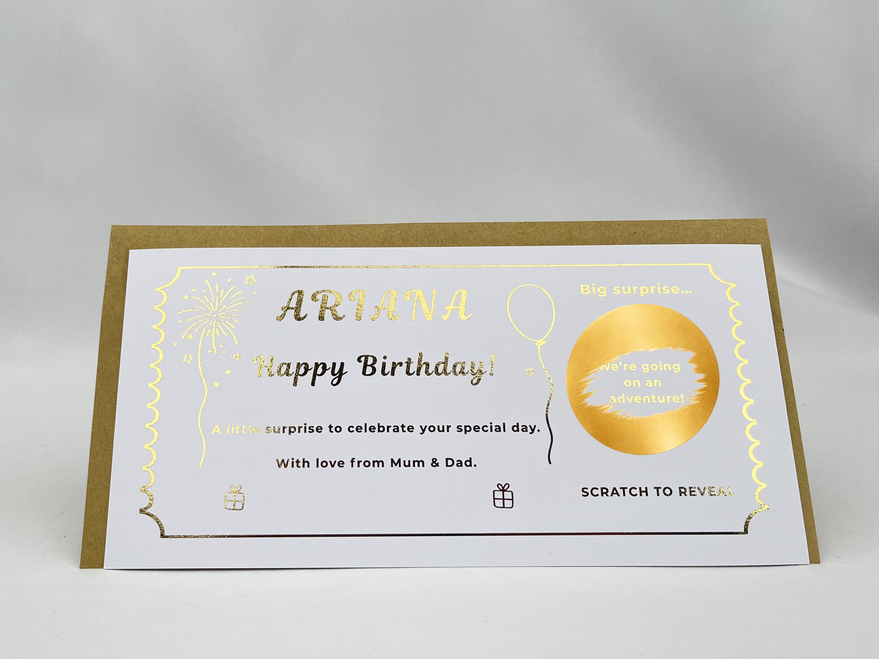 Personalised Birthday Scratch Off Card, Celebration Voucher Gift with Balloons and Fireworks