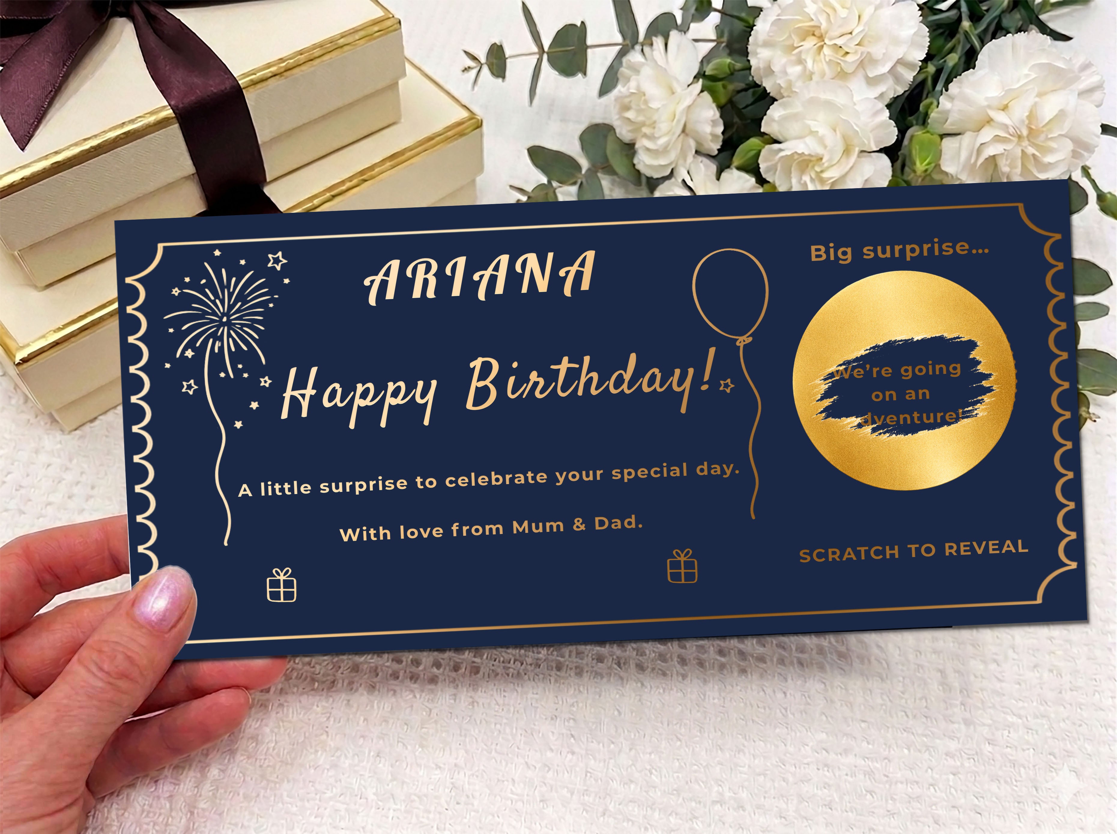 Personalised Birthday Scratch Off Card, Celebration Voucher Gift with Balloons and Fireworks