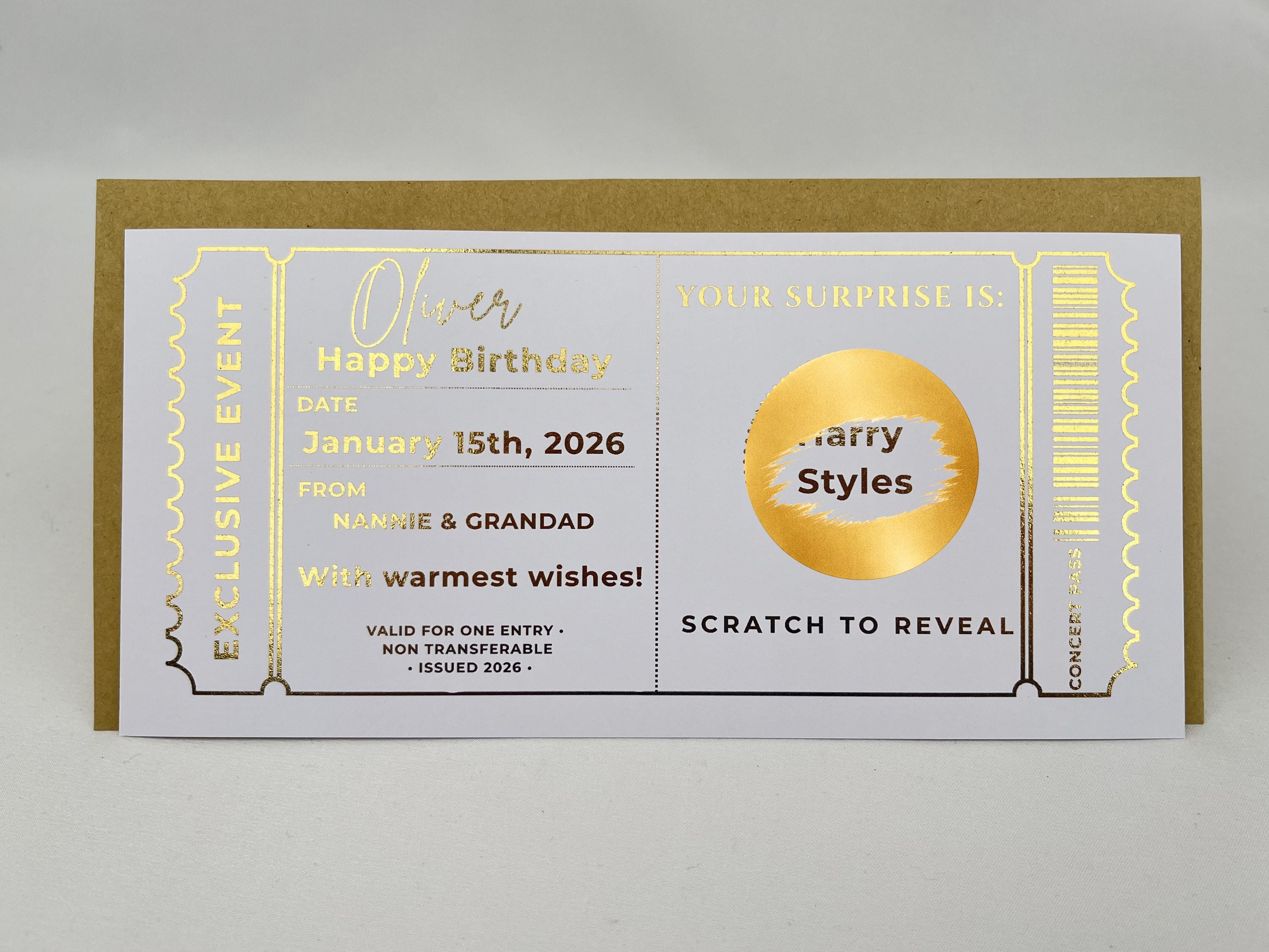 Personalised Gold Exclusive Event Concert Scratch Reveal Ticket