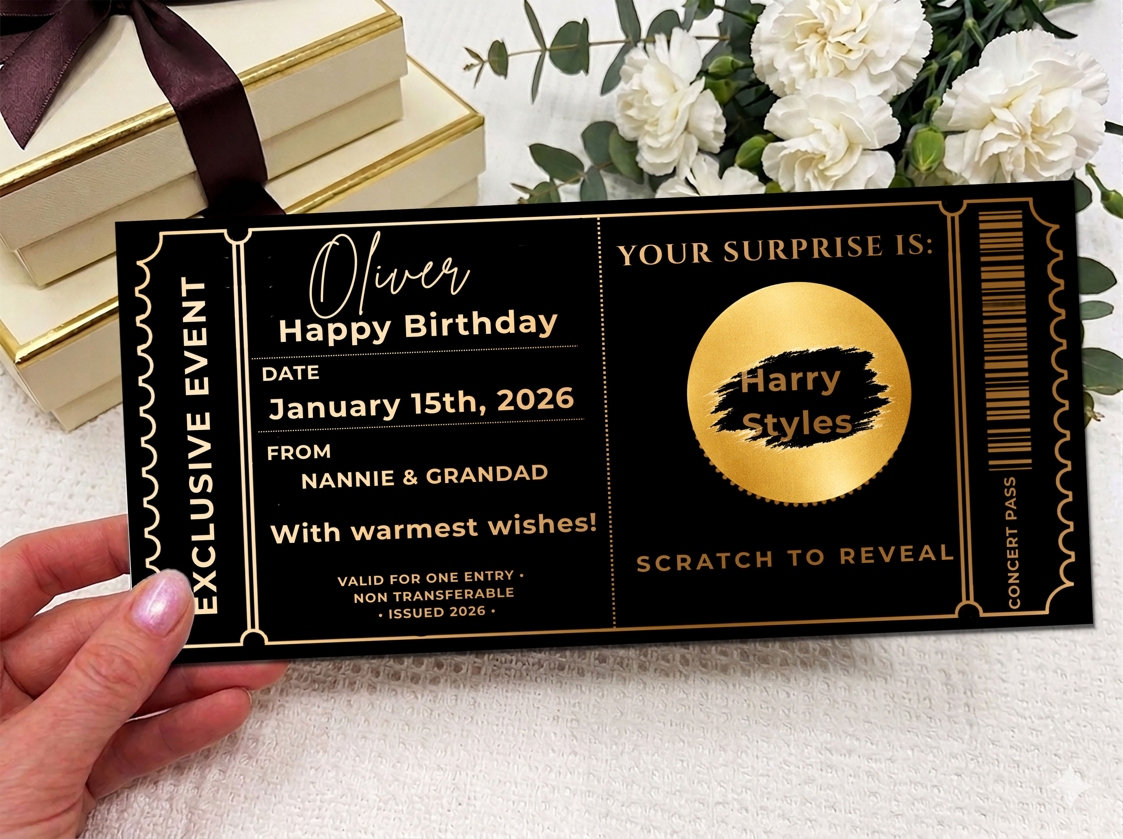 Personalised Gold Exclusive Event Concert Scratch Reveal Ticket