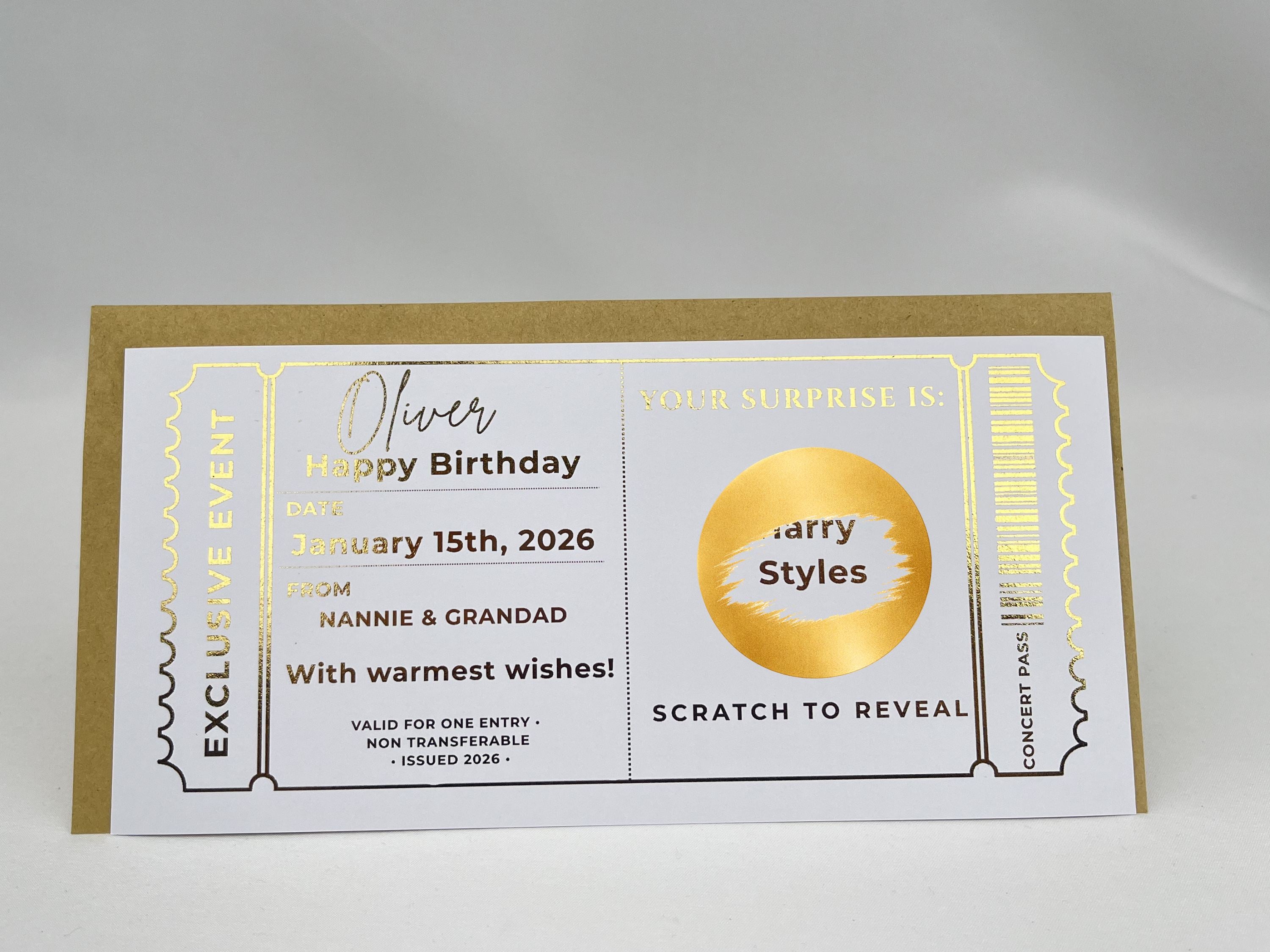 Personalised Gold Exclusive Event Concert Scratch Reveal Ticket