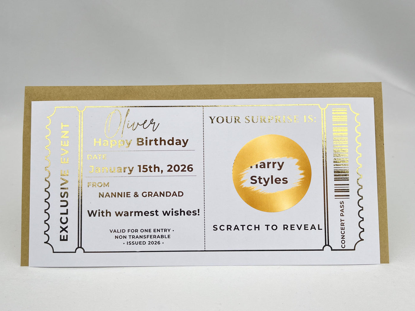 Personalised Gold Exclusive Event Concert Scratch Reveal Ticket