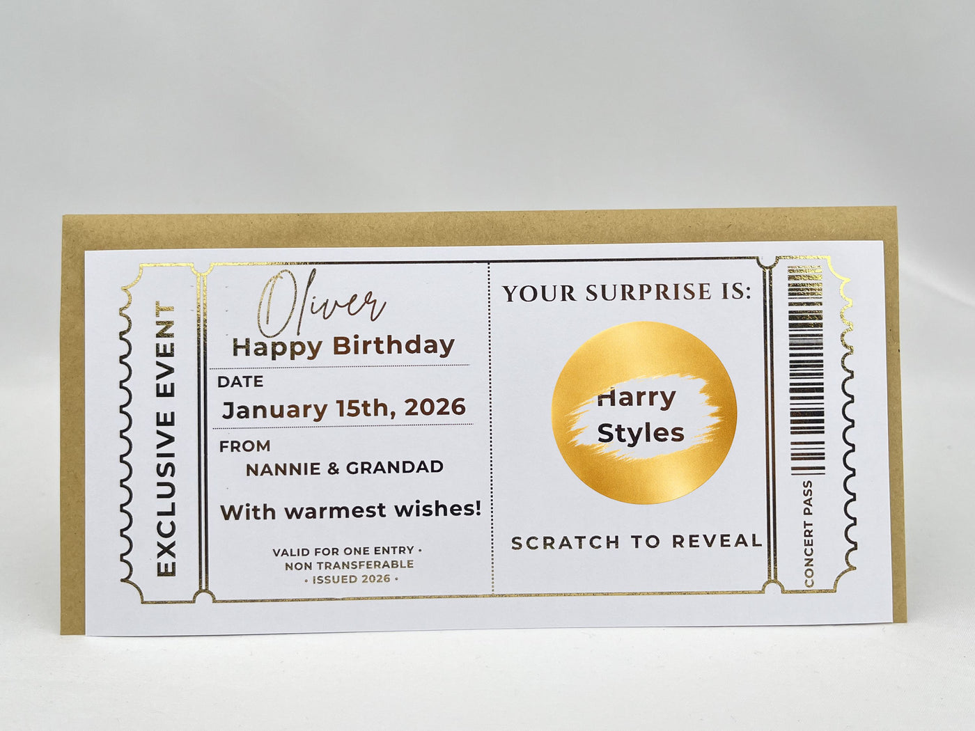 Personalised Gold Exclusive Event Concert Scratch Reveal Ticket