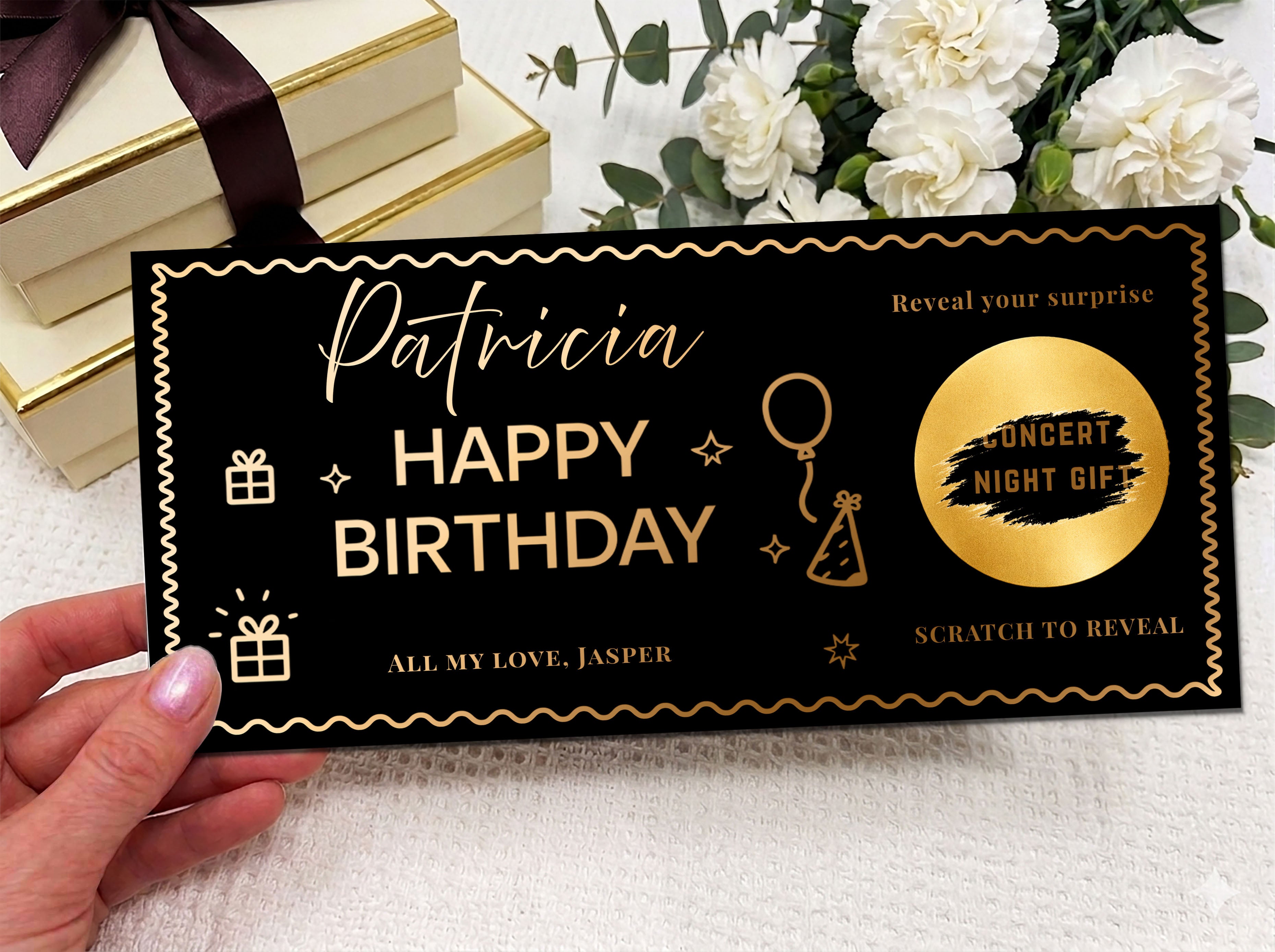 Personalised Gold Scratch Reveal Birthday Gift Ticket - Luxury Milestone Gift Card