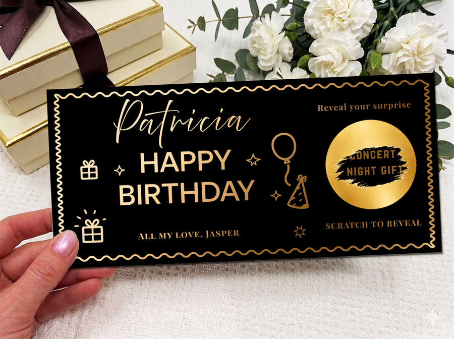 Personalised Gold Scratch Reveal Birthday Gift Ticket - Luxury Milestone Gift Card