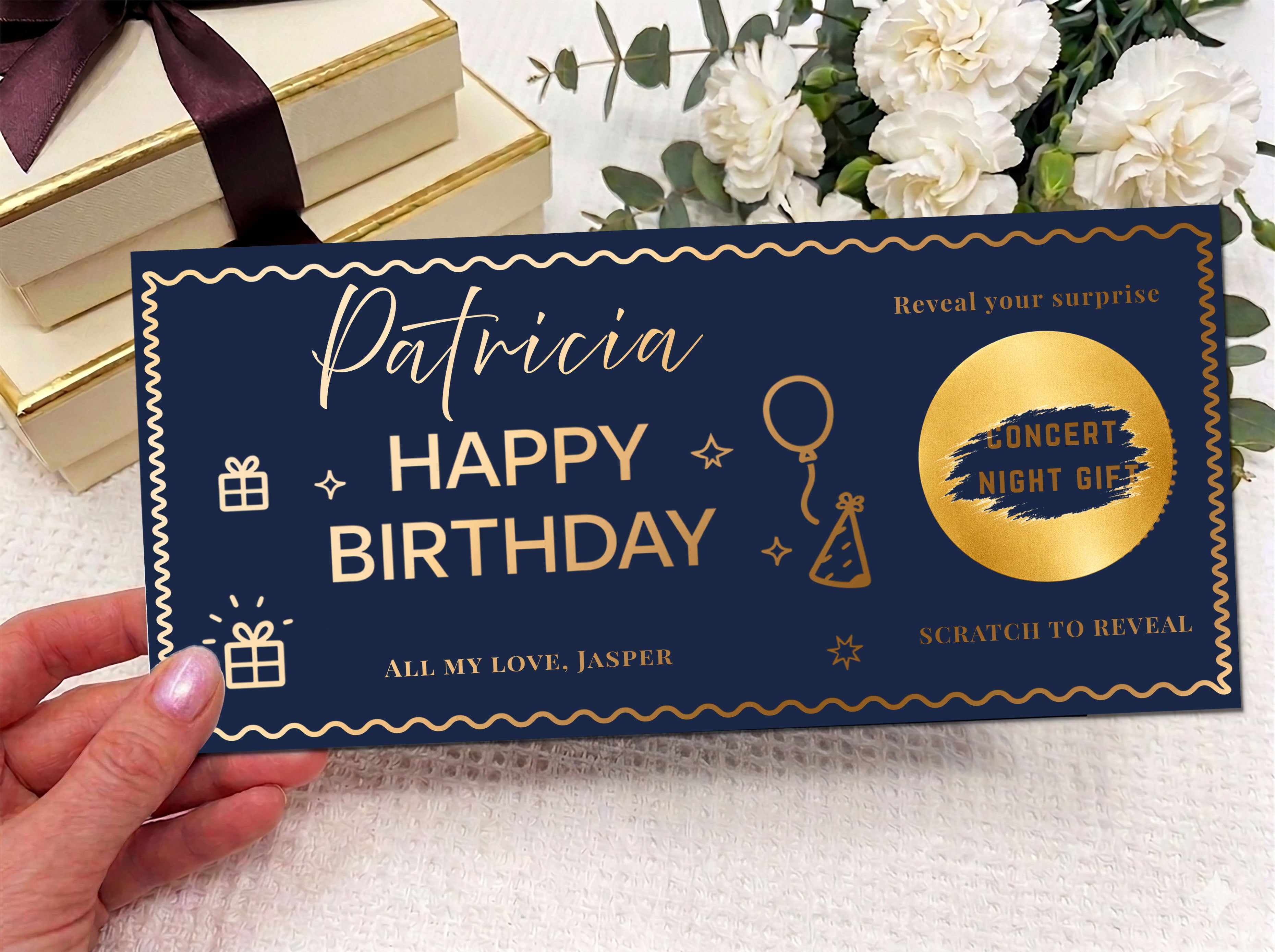 Personalised Gold Scratch Reveal Birthday Gift Ticket - Luxury Milestone Gift Card