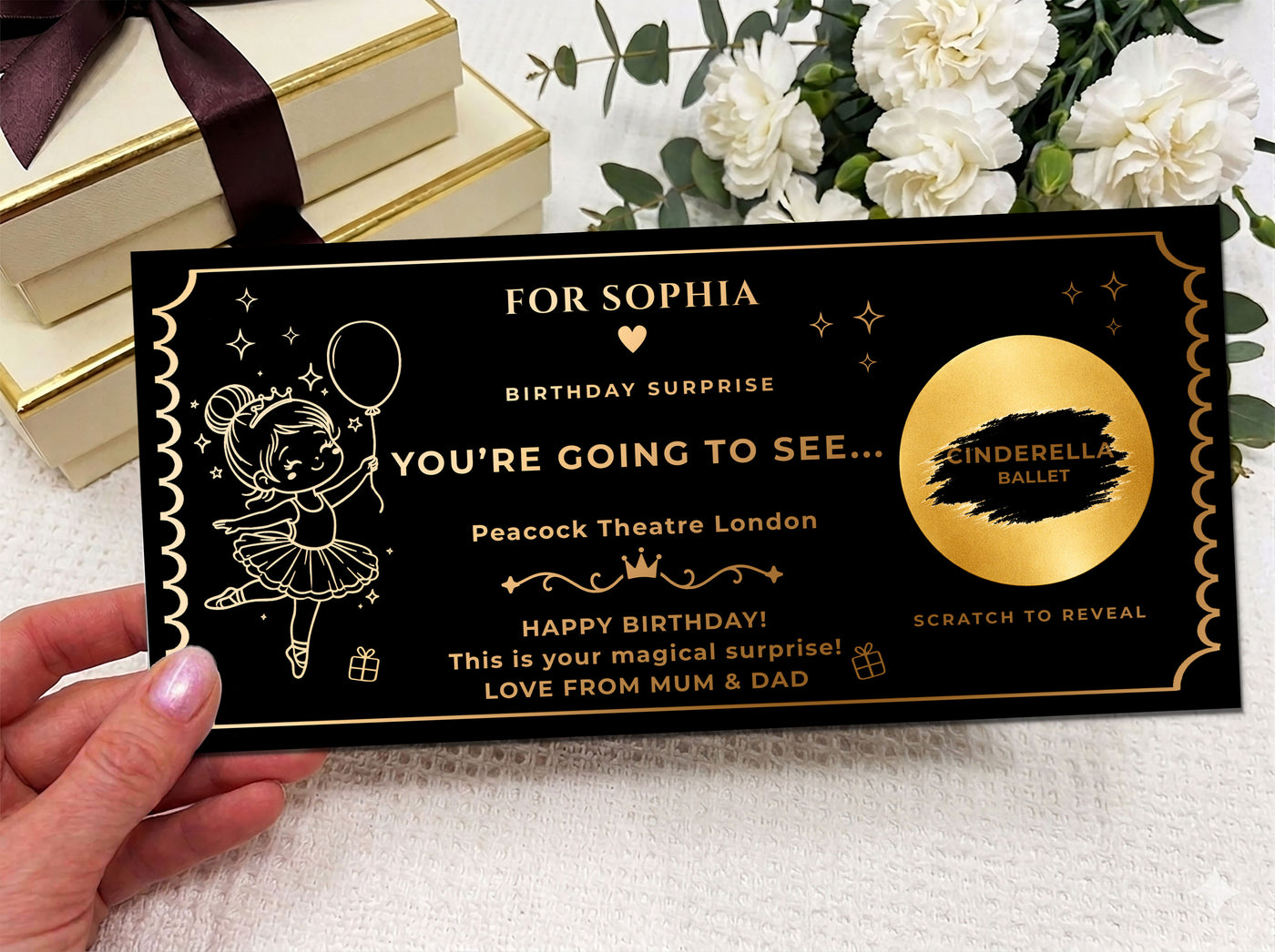 Personalised Gold Scratch Reveal Theatre Ticket - Luxury Birthday Surprise Card