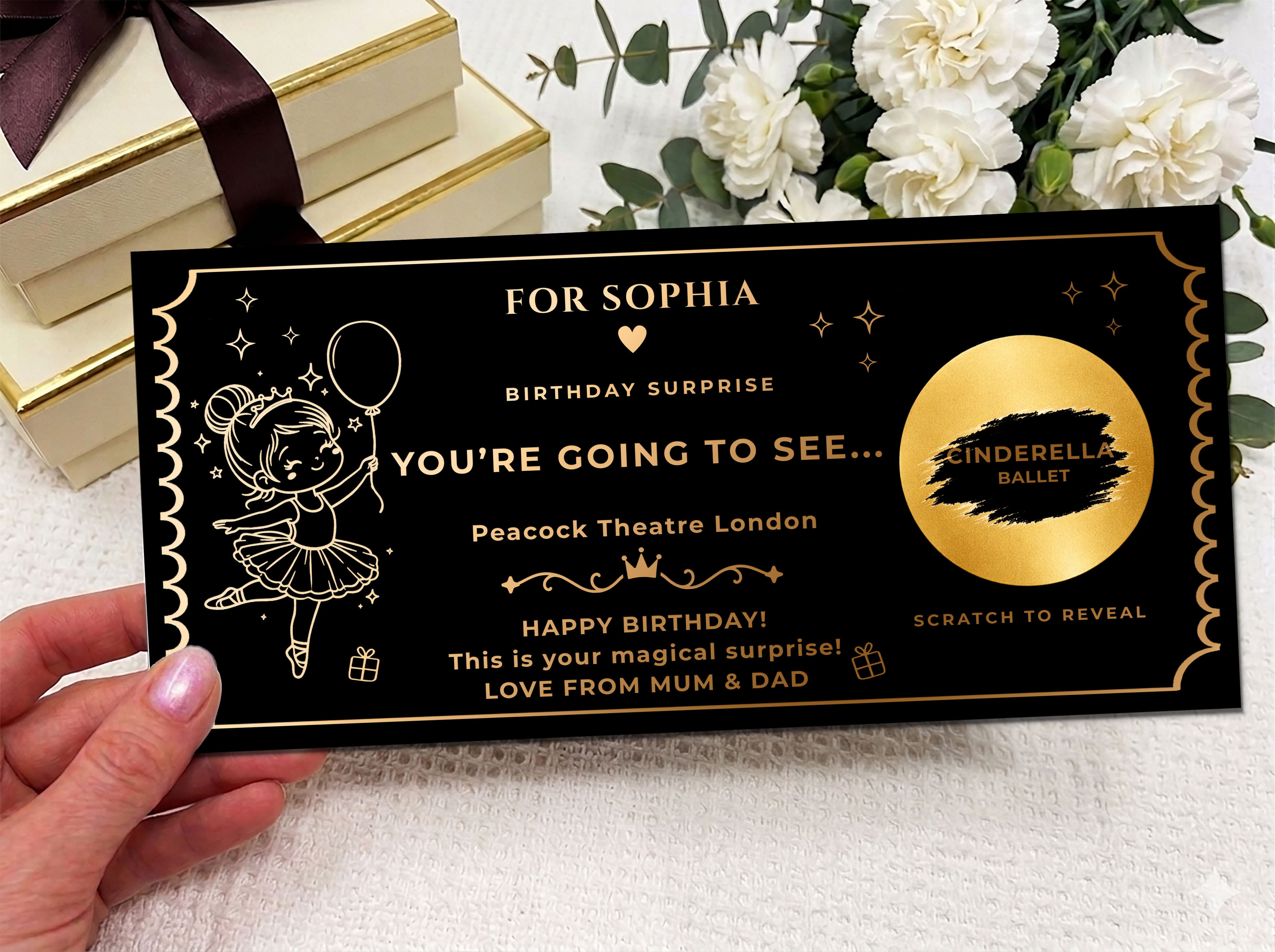 Personalised Gold Scratch Reveal Theatre Ticket - Luxury Birthday Surprise Card