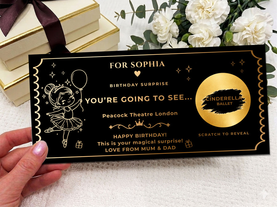 Personalised Gold Scratch Reveal Theatre Ticket - Luxury Birthday Surprise Card