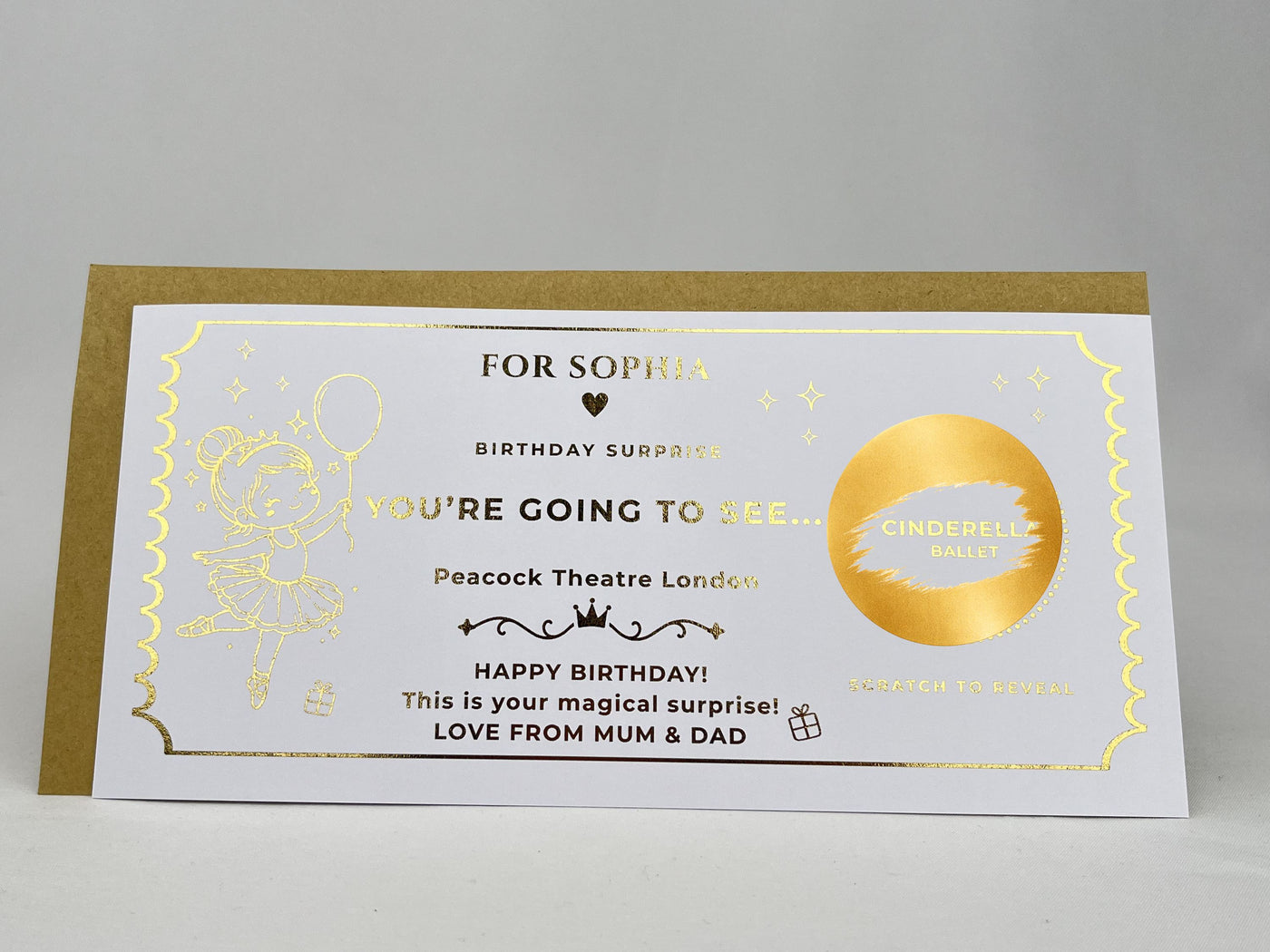 Personalised Gold Scratch Reveal Theatre Ticket - Luxury Birthday Surprise Card