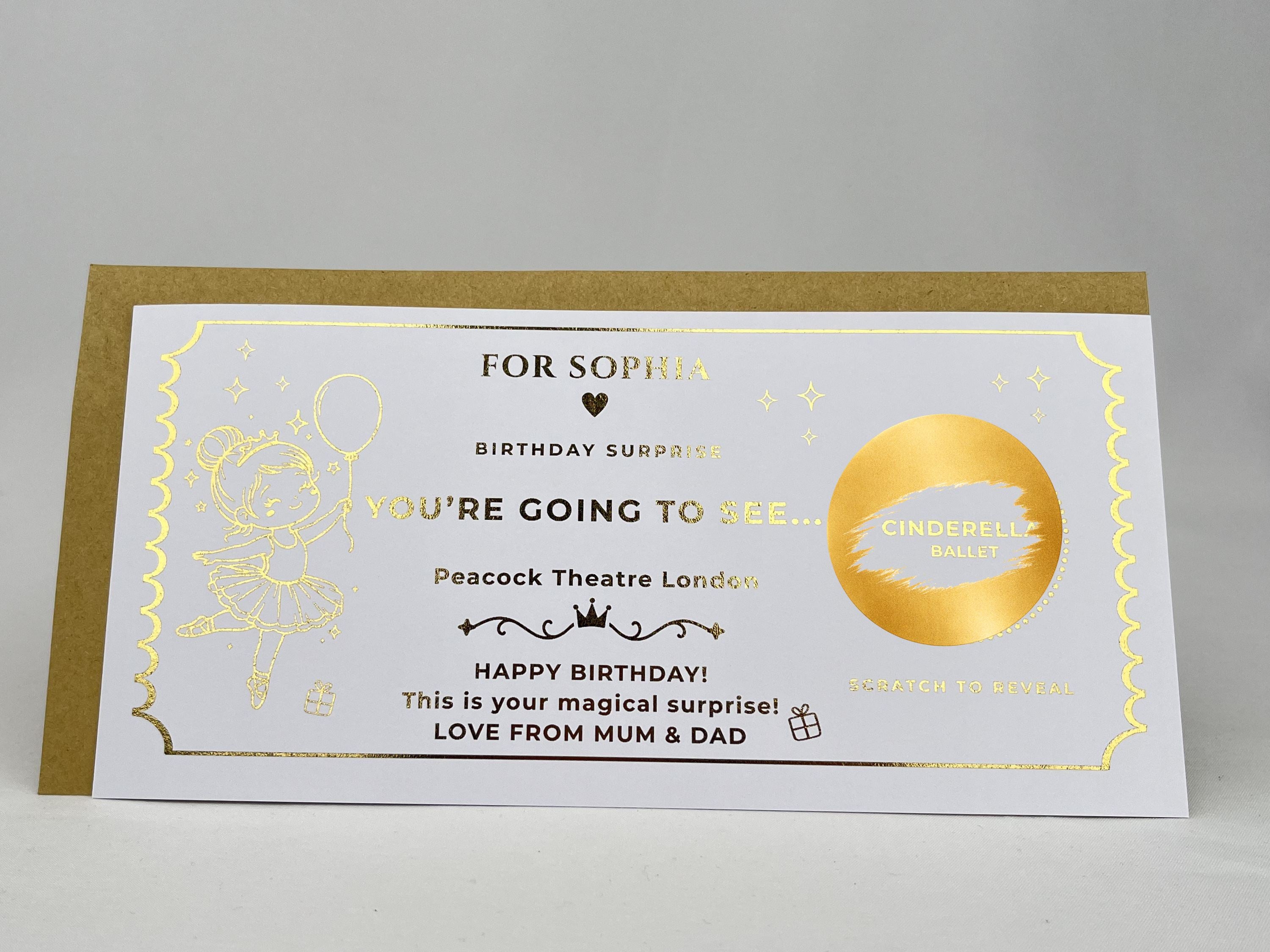 Personalised Gold Scratch Reveal Theatre Ticket - Luxury Birthday Surprise Card