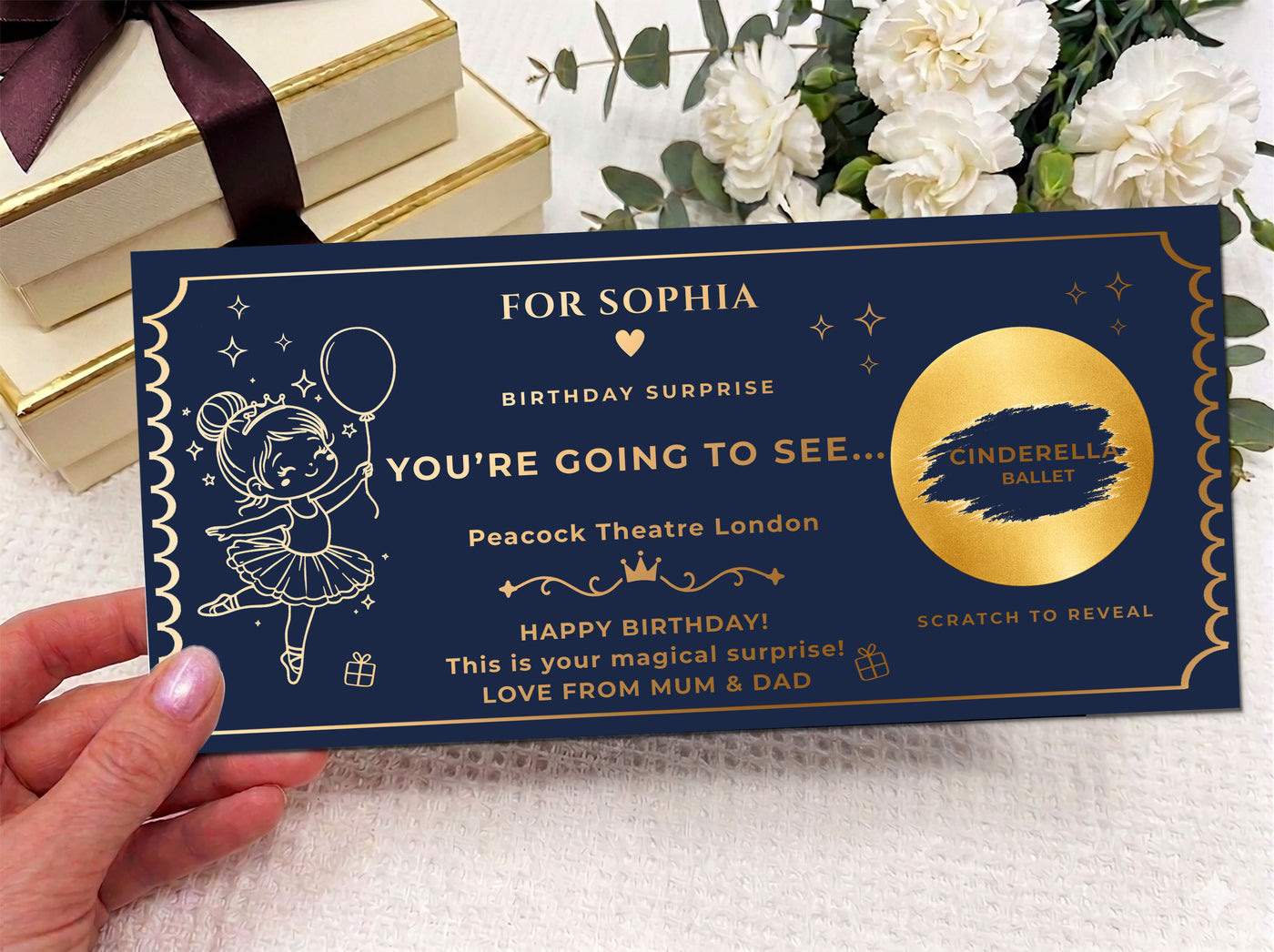 Personalised Gold Scratch Reveal Theatre Ticket - Luxury Birthday Surprise Card