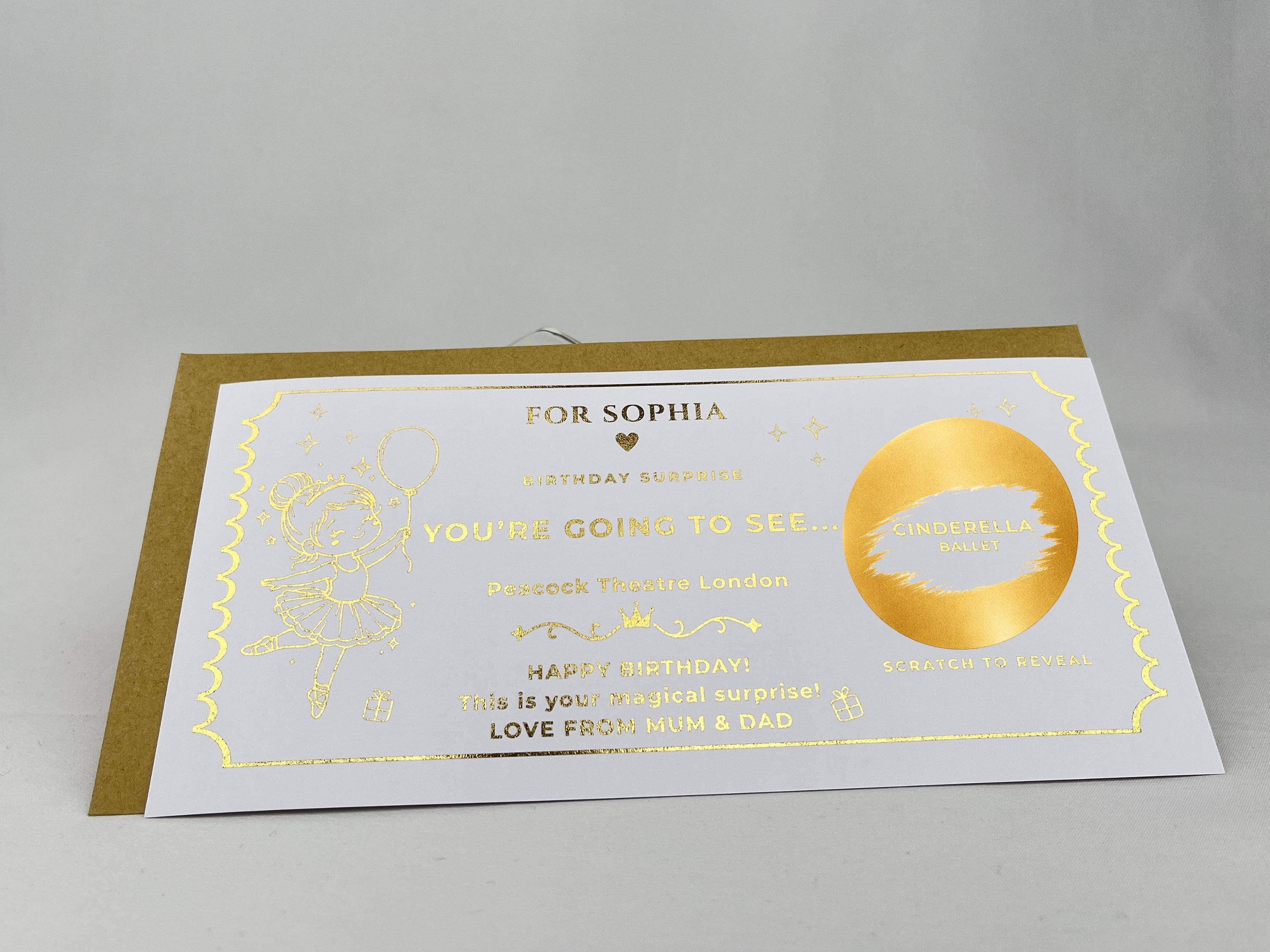 Personalised Gold Scratch Reveal Theatre Ticket - Luxury Birthday Surprise Card