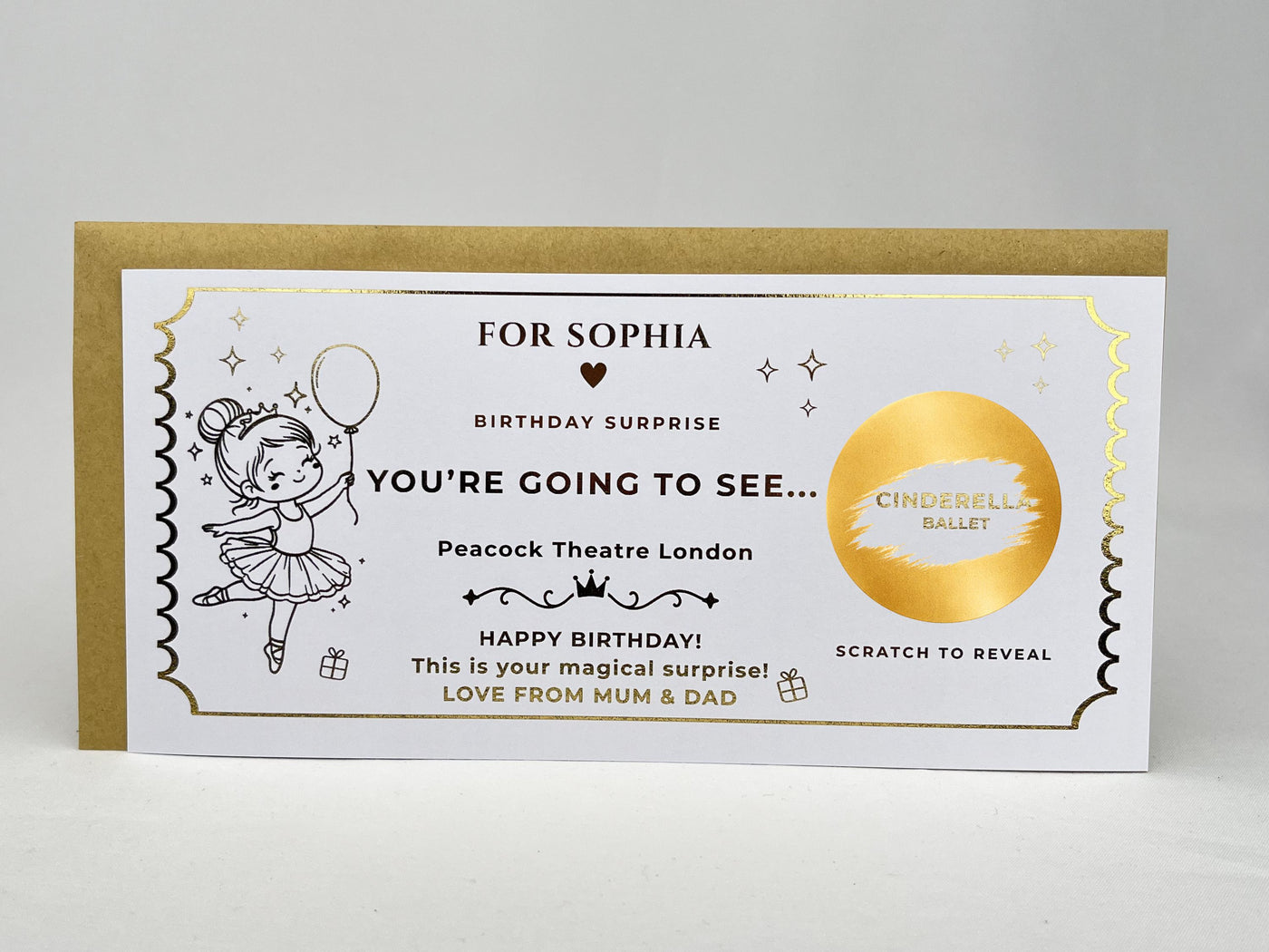 Personalised Gold Scratch Reveal Theatre Ticket - Luxury Birthday Surprise Card