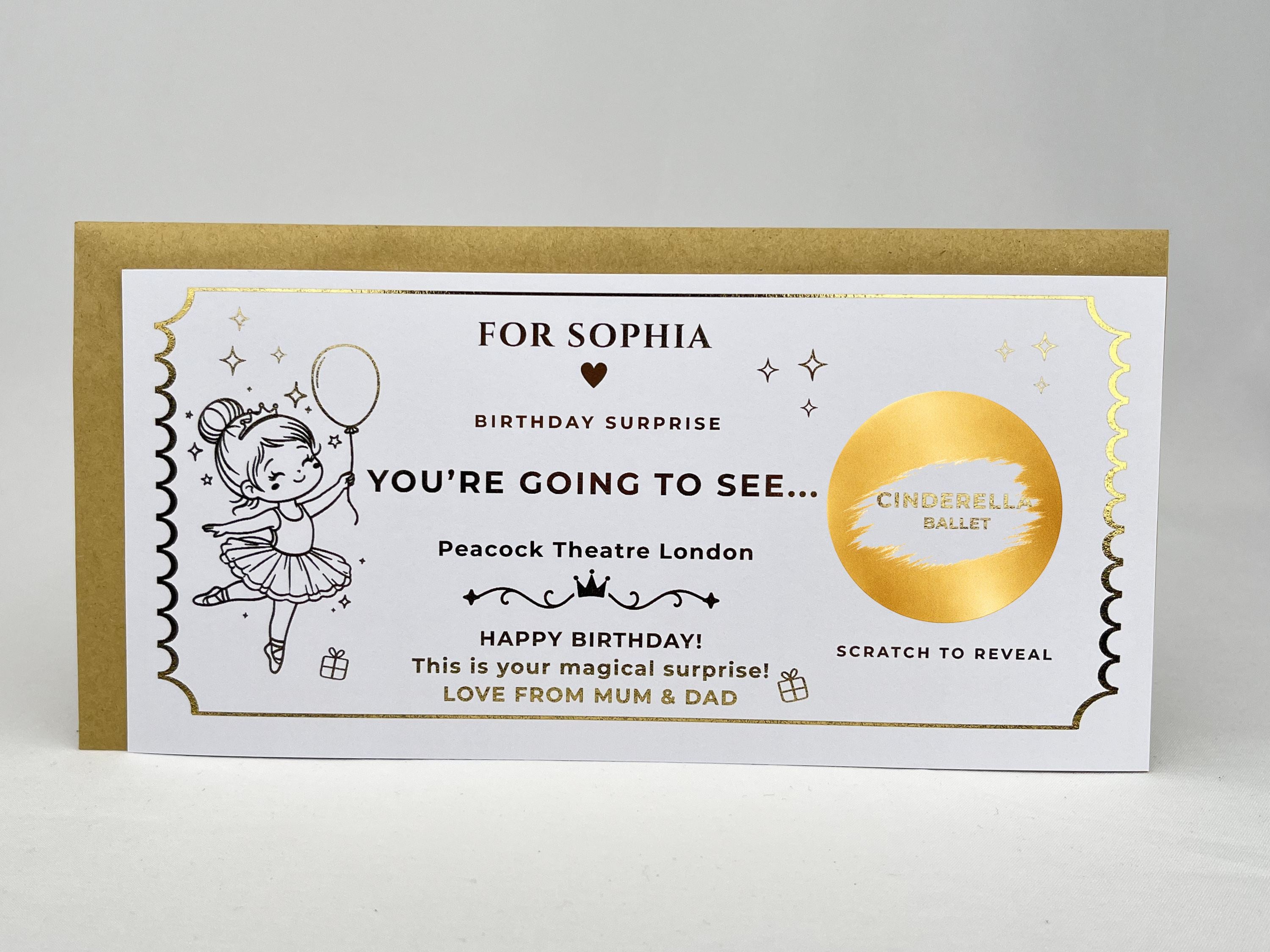 Personalised Gold Scratch Reveal Theatre Ticket - Luxury Birthday Surprise Card