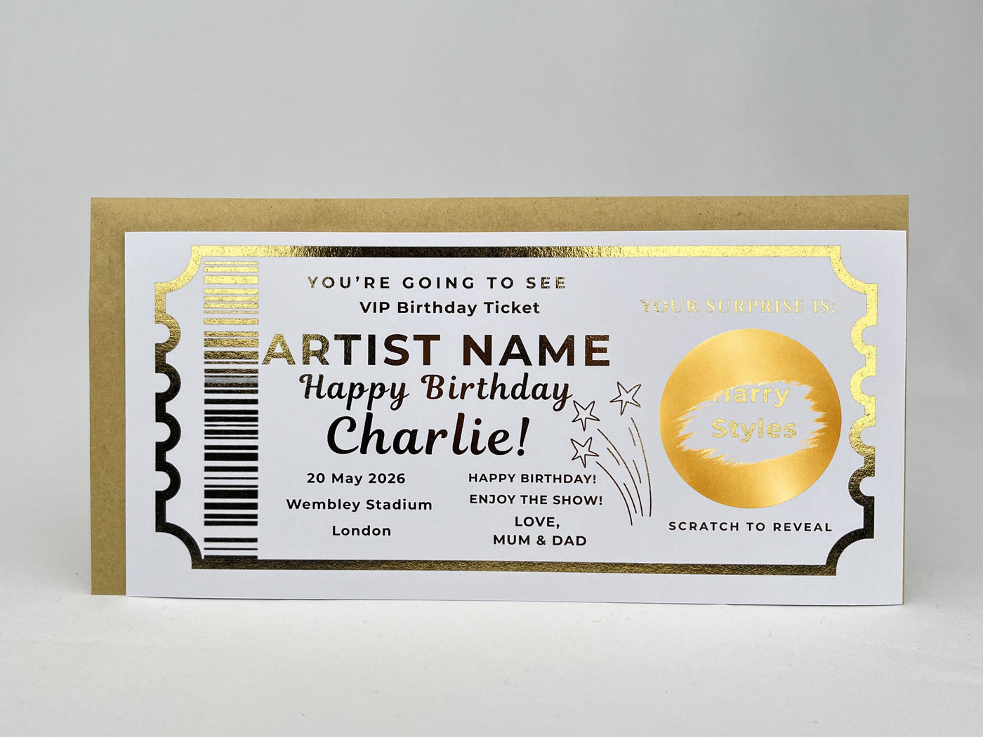 Luxury Gold Scratch Reveal Birthday Ticket - Personalised VIP Concert Surprise Gift