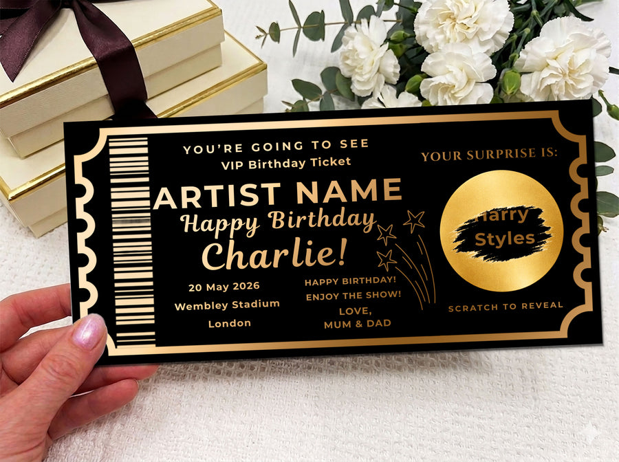 Luxury Gold Scratch Reveal Birthday Ticket - Personalised VIP Concert Surprise Gift