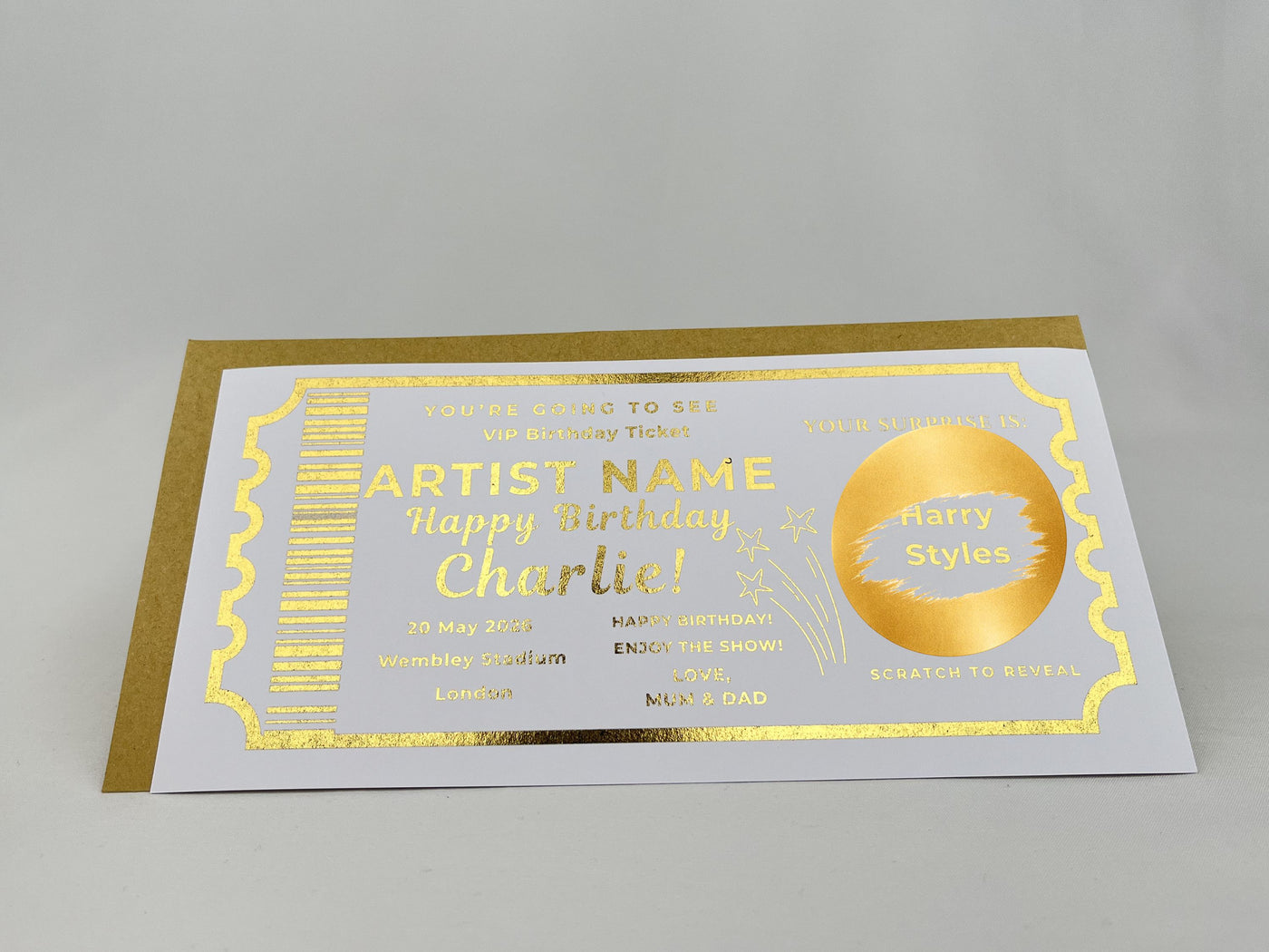 Luxury Gold Scratch Reveal Birthday Ticket - Personalised VIP Concert Surprise Gift