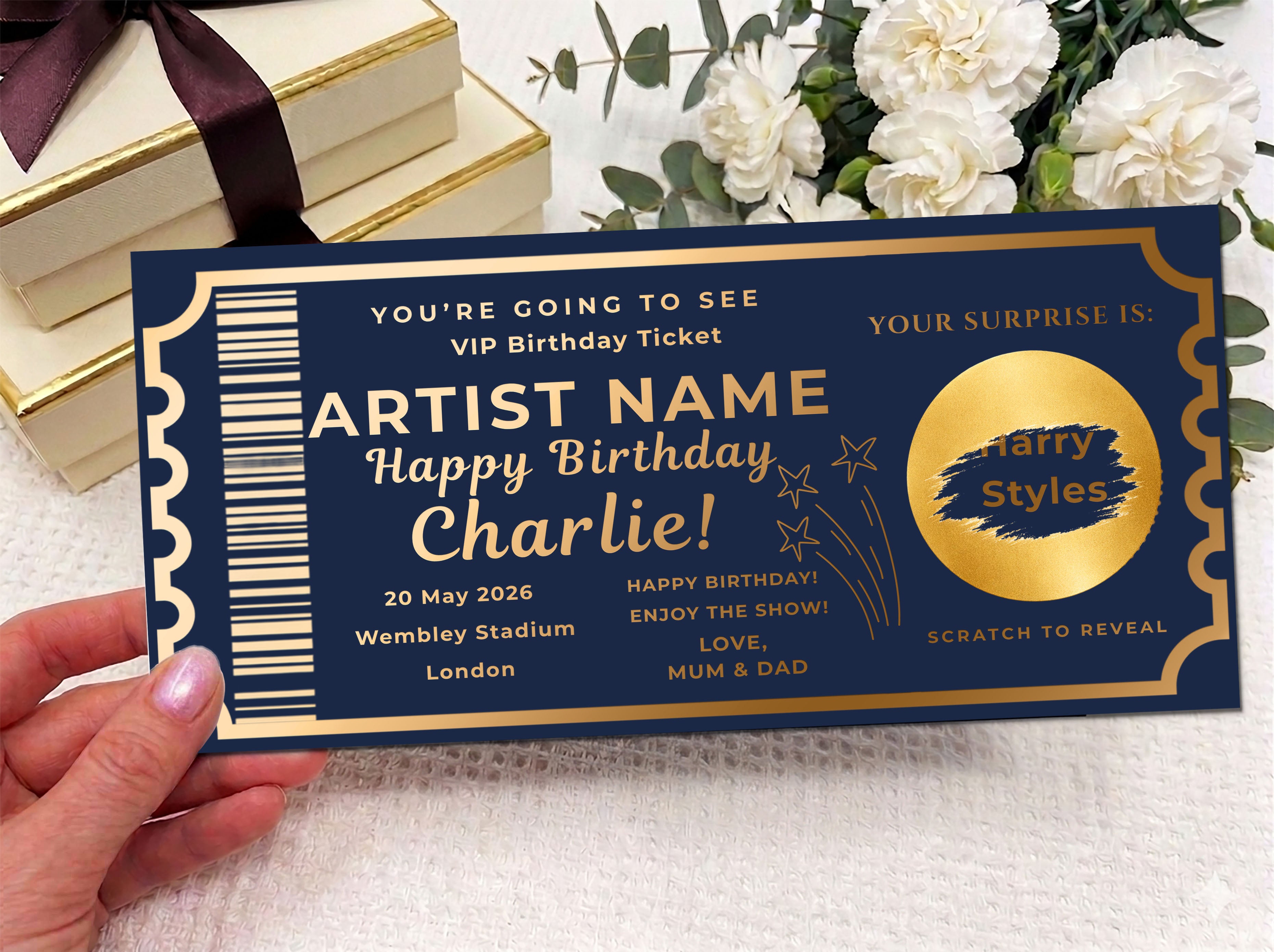 Luxury Gold Scratch Reveal Birthday Ticket - Personalised VIP Concert Surprise Gift