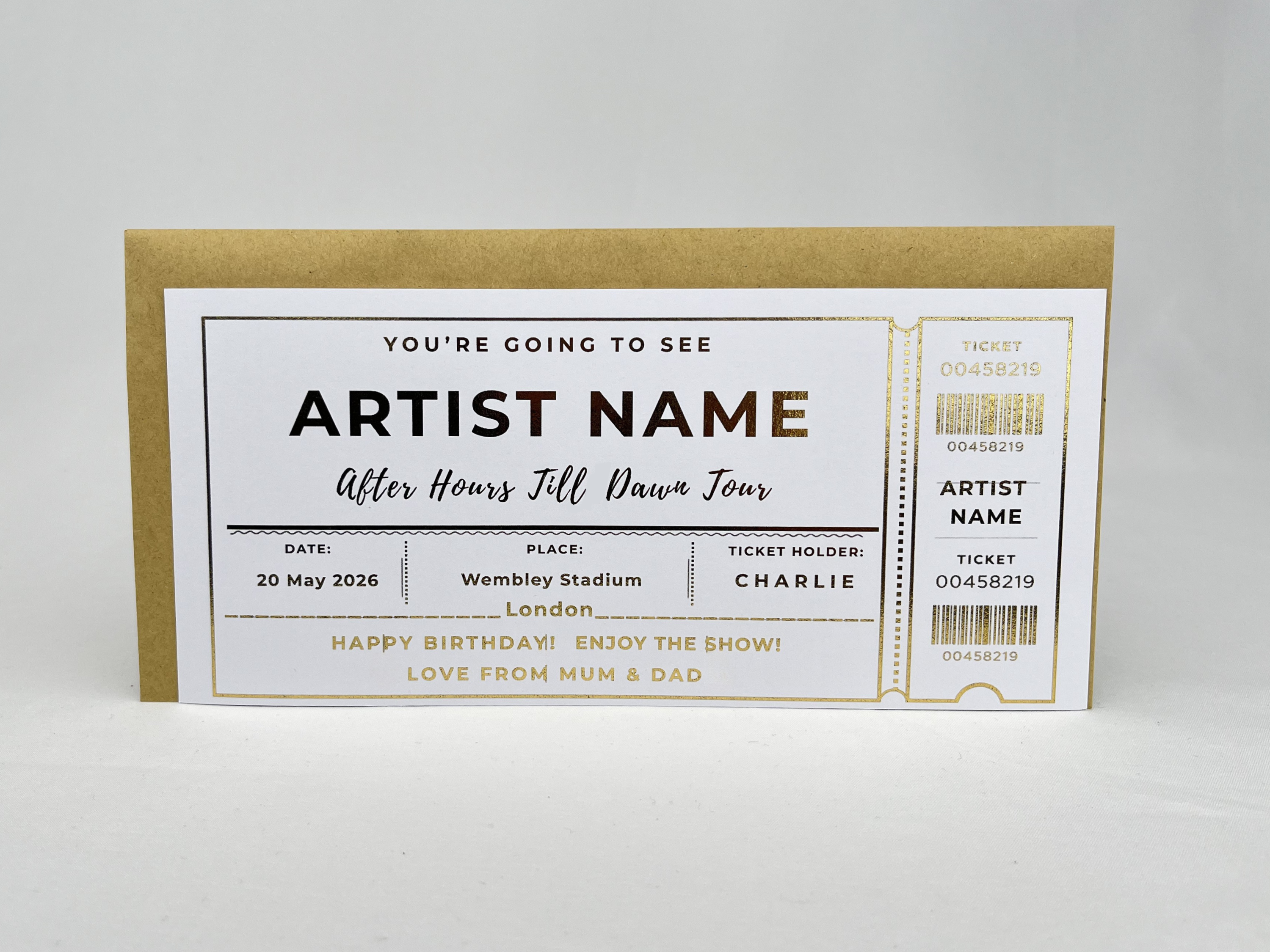 Personalised Gold Commemorative Tour Concert Scratch Reveal Ticket