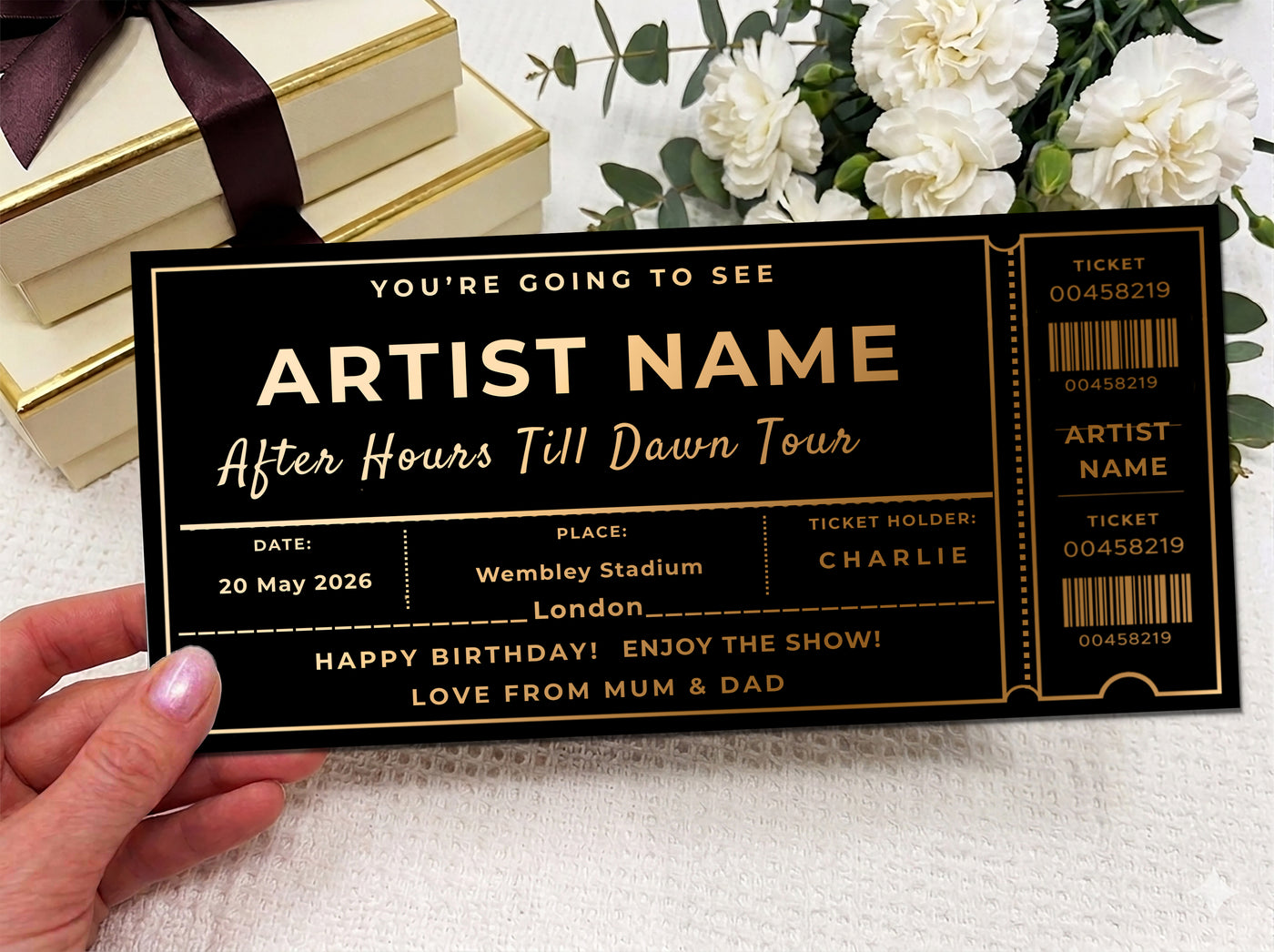 Personalised Gold Commemorative Tour Concert Scratch Reveal Ticket