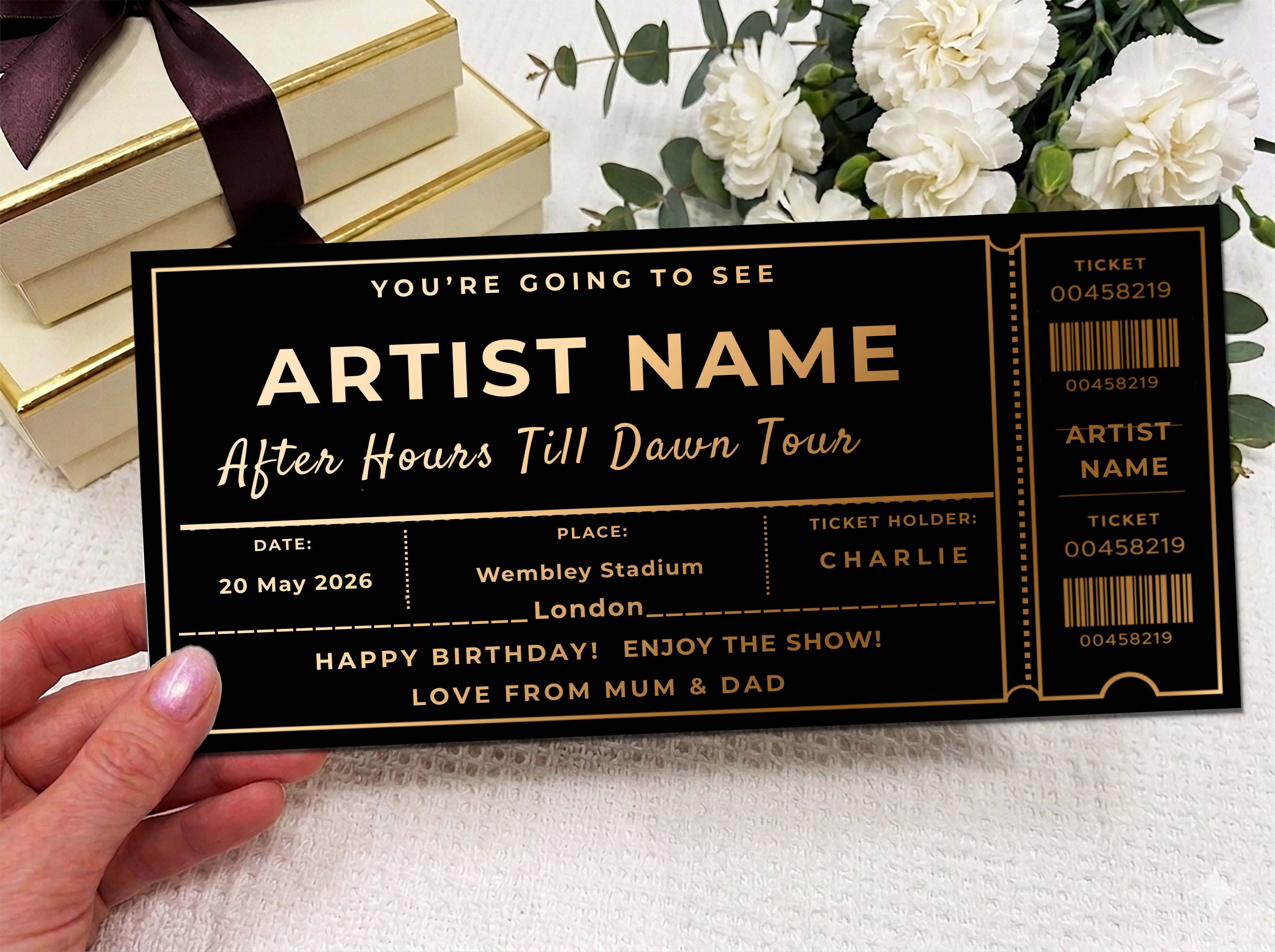 Personalised Gold Commemorative Tour Concert Scratch Reveal Ticket