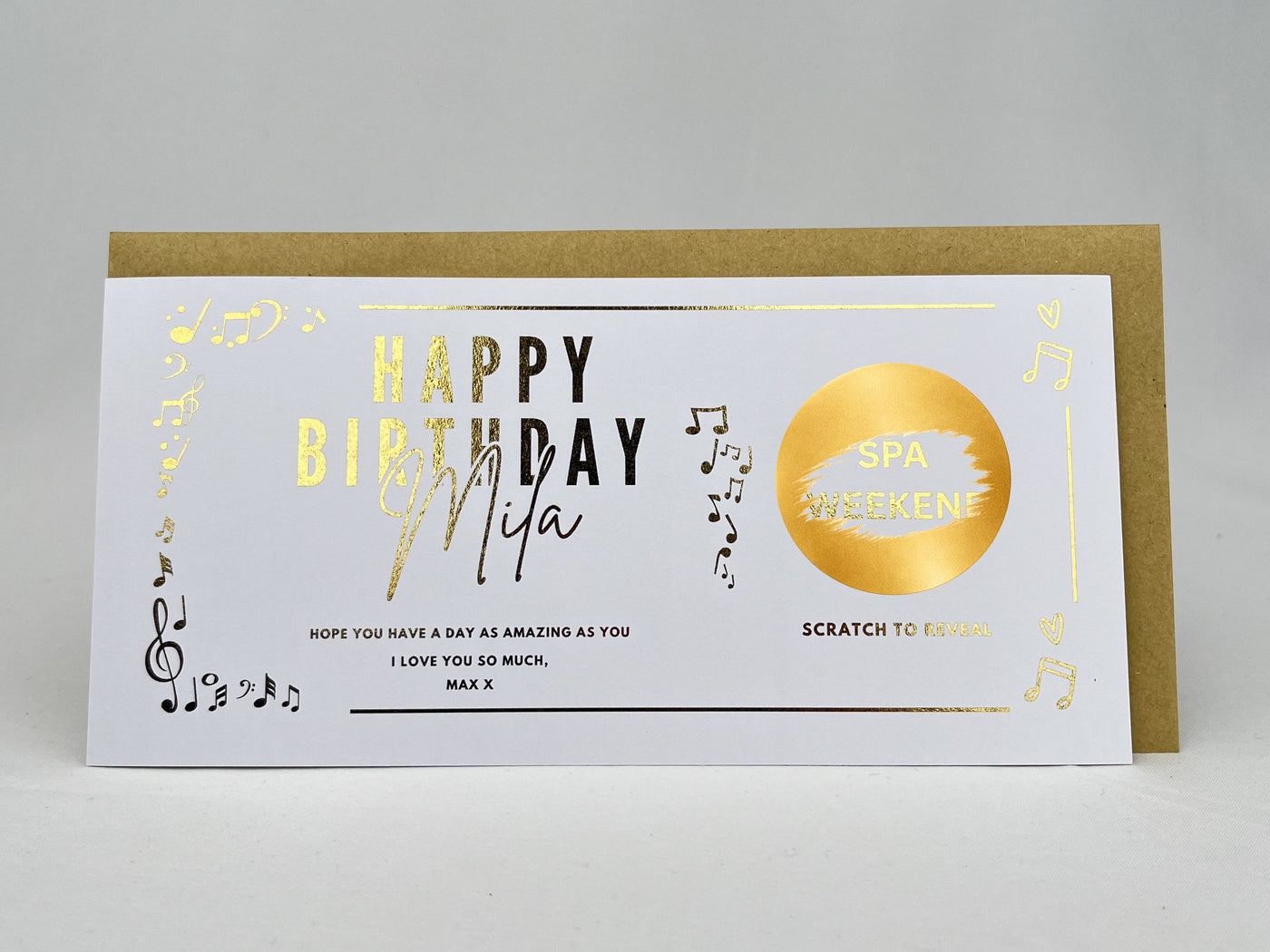 Personalised Gold Musical Notes Birthday Scratch Reveal Ticket