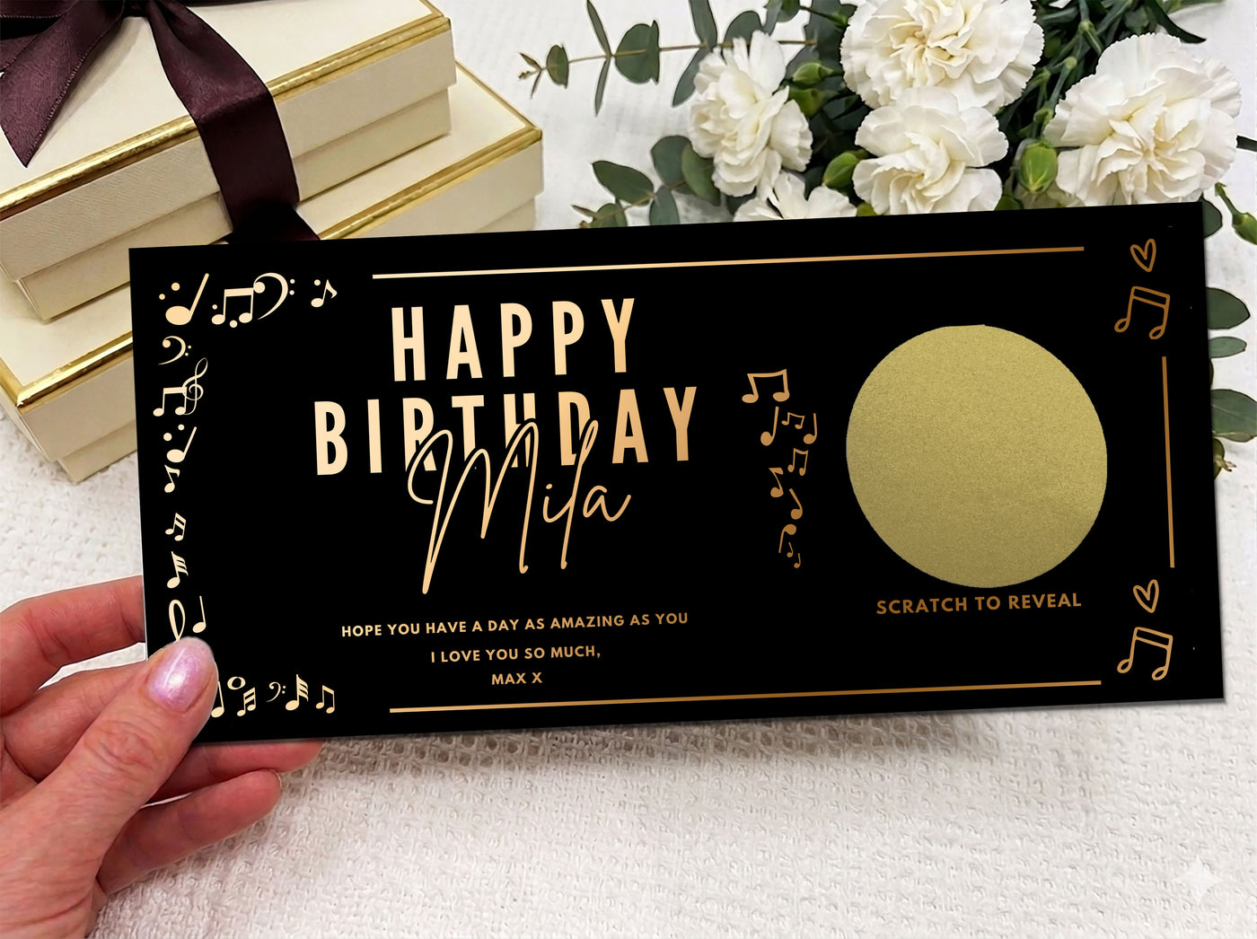 Personalised Gold Musical Notes Birthday Scratch Reveal Ticket