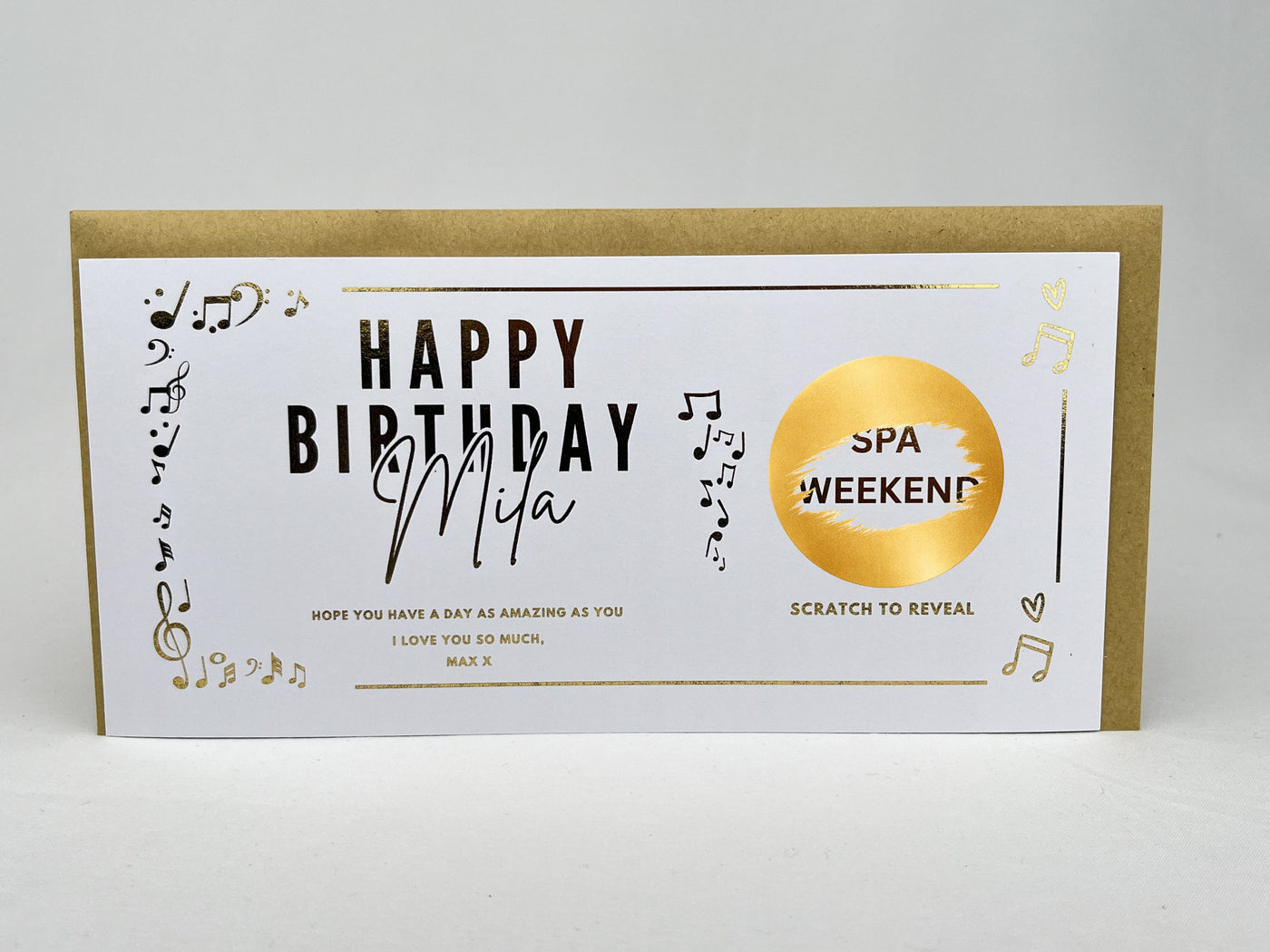 Personalised Gold Musical Notes Birthday Scratch Reveal Ticket